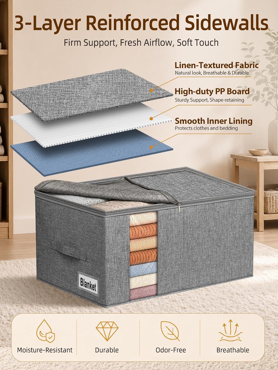 60L Blanket/Comforter Storage Bag w/Rigid Side & Bottom Support, Stackable Clothes Storage Bin for Sweaters Bedding Sets Quilts Pillows, Closet Organizer, 21.7x14.2x11.8in, 2 Pack, Gray