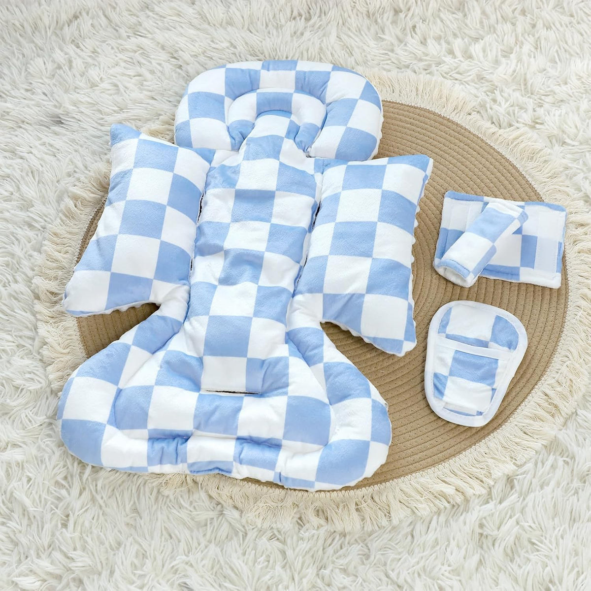 DILIMI Infant Car Seat Insert, Baby Car Seat Head Support with 3 Strap Paddings, Soft Newborn Car Seat Cushion for Stroller, Swing, Bouncers, Blue Checkered
