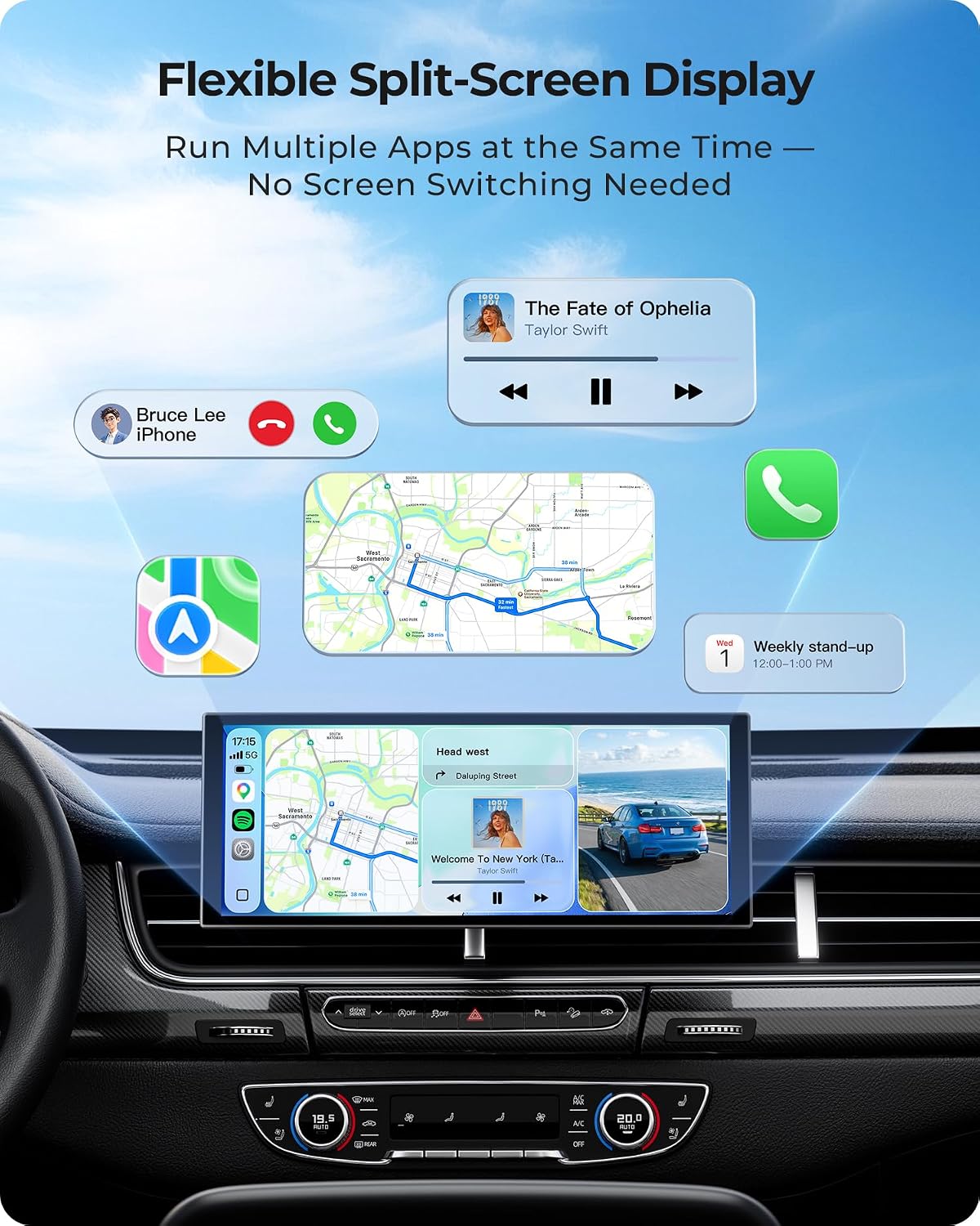 10.26" Wireless Portable 60FPS CarPlay Screen with 4K Front & HD Rear Dual Dash Cam for Apple Car Play & Android Auto 1920*720 Fully Laminated Tablet with Mirror Link, Bluetooth, GPS Navigation