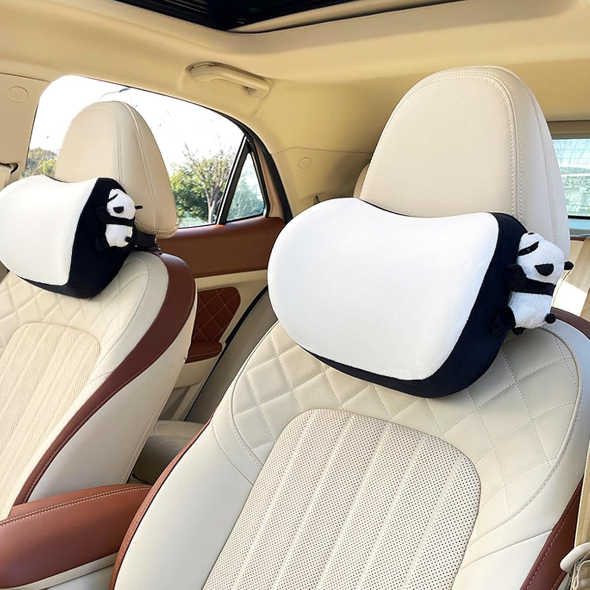 Car Headrest Pillow 2PCS Cute Car Seat Neck Pillow Car Decor Accessories Memory Foam Neck Support Cushions for Comfortable Driving Easy Install & Washable (Panda Black)