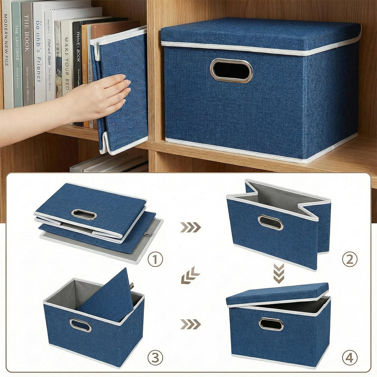 PRANDOM Storage Bins with Lids [3-Pack] Linen Fabric Foldable Storage Boxes Organizer Containers Baskets Cube with Cover for Bedroom Closet Office Royal Blue（11.4X8.6X6.7