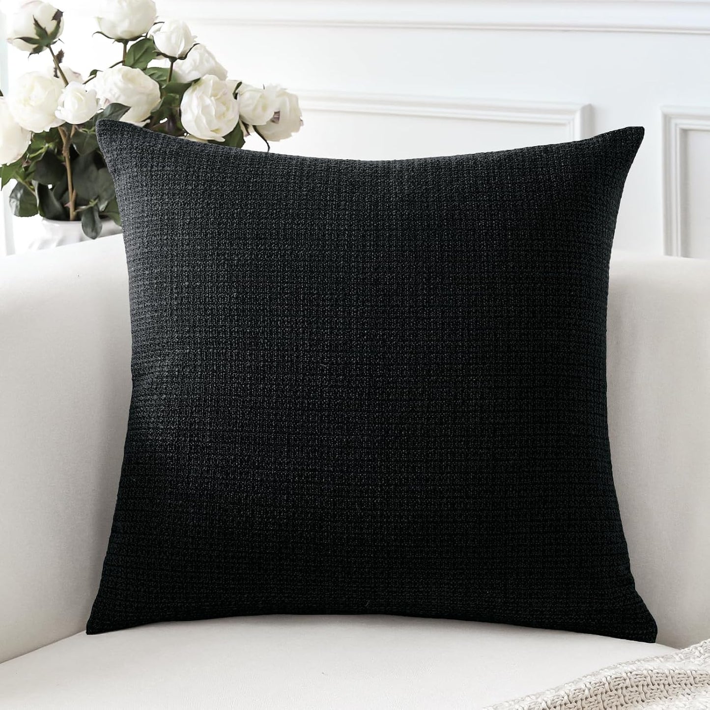 OTOSTAR Linen Throw Pillow Cover Set of 1 Decorative Square Pillowcases Cushion Covers 24x24 Inch for Home Decor Sofa Bedroom Car 60 x 60CM Black