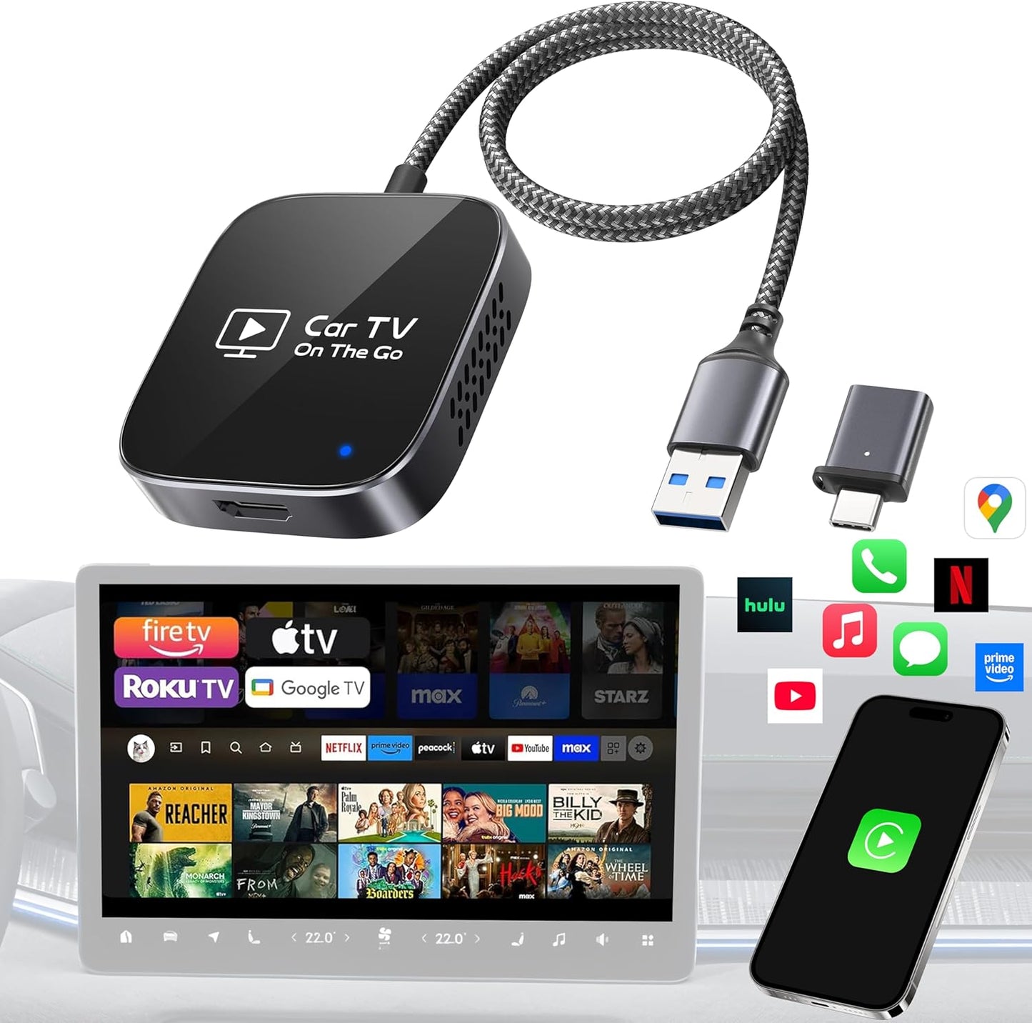 2-in-1 Wireless CarPlay Adapter & Car TV Mate Pro [Autolink Pro 2026, Metal & Glass Case] Convert Wired to Wireless Car Play with HDMI Input, Screen Mirroring & Streaming, Fit for 2016+ Cars -Black