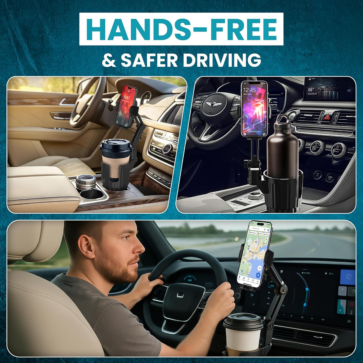 Phone Holder & Phone Mount for Car & Cup Holder Expander – 2-in-1 for Smartphones, Bottles, Tumblers & Coffee Mugs – Strong Clamp, Anti-Shake, 360° Rotation