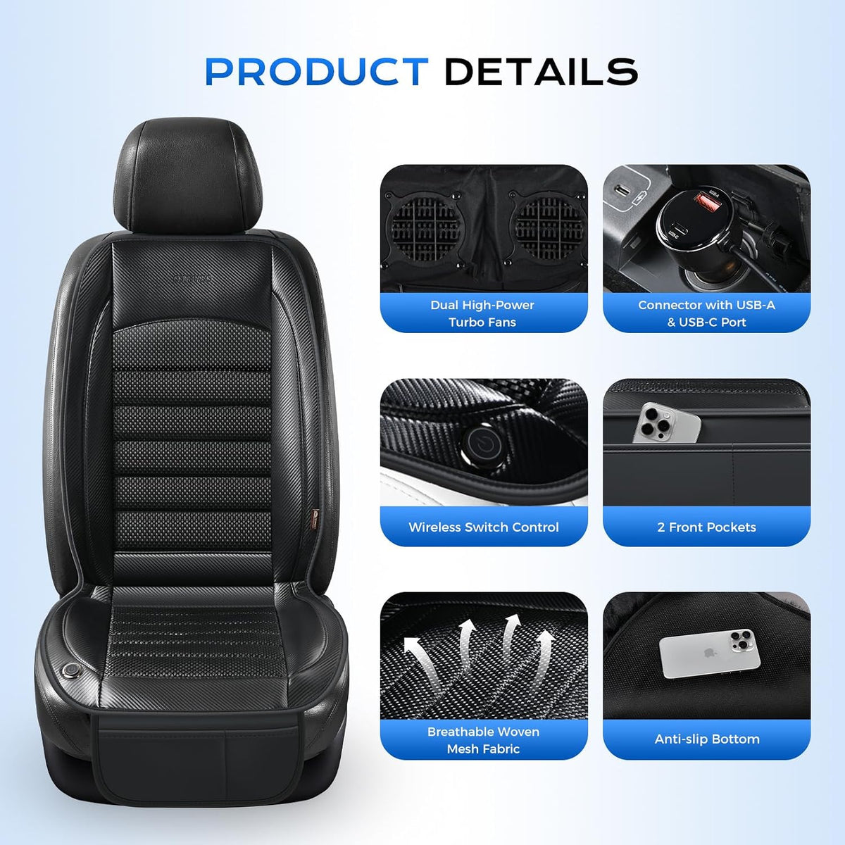 Coverado Cooling Car Seat Cover, Ventilated Seat Cushion for Summer, Cooling Car Seat Pad with Dual Powerful Turbo Fans Universal Fit for Sedan SUV Truck Van, Black