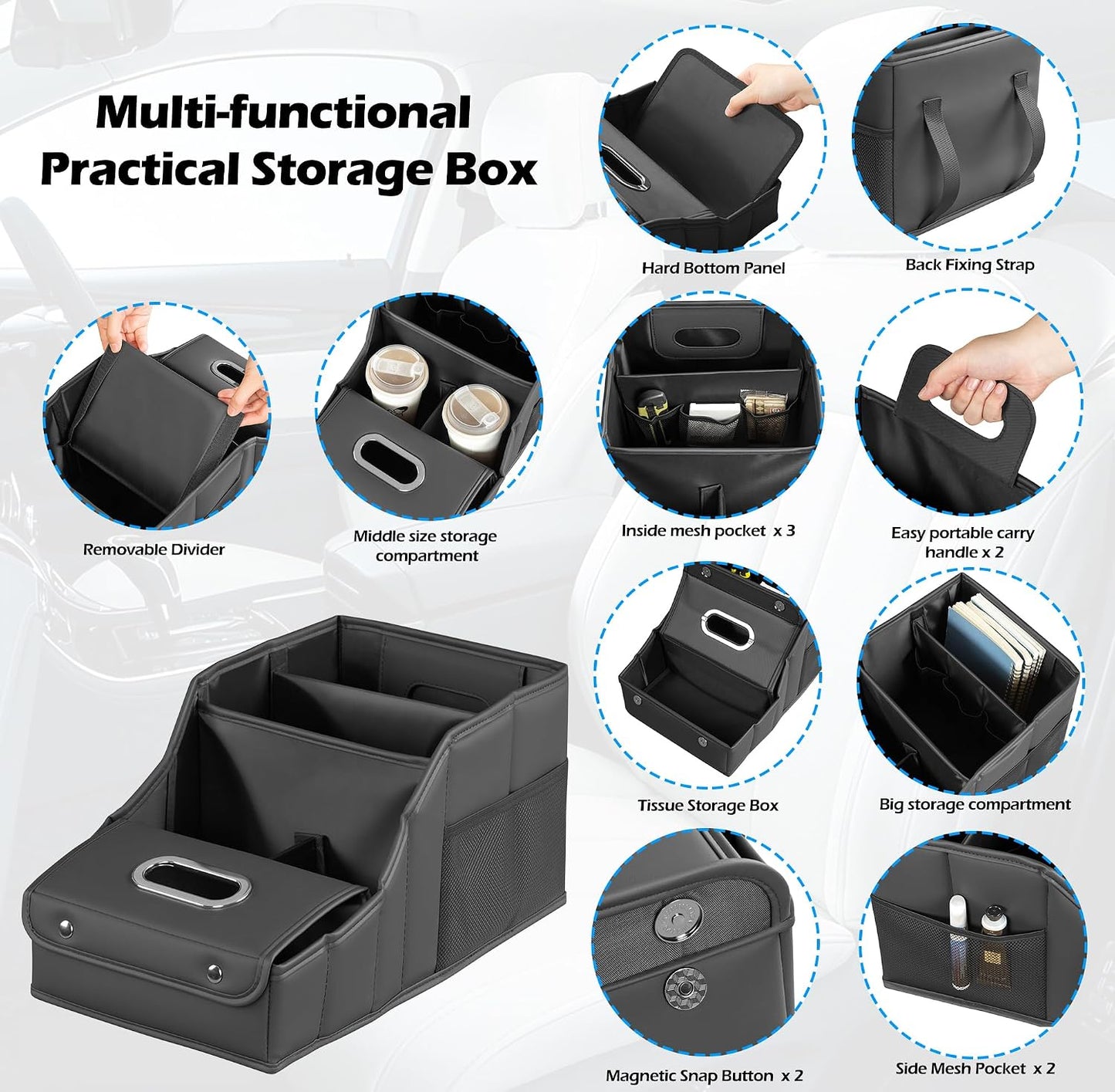 Car Seat Organizer Passenger Storage for Travel Kids Accessories | Collapsible Storages Compartments Mesh Pockets Car Caddy Basket for Front Back Seat Floor Trunk Organizers Kleenex Holder