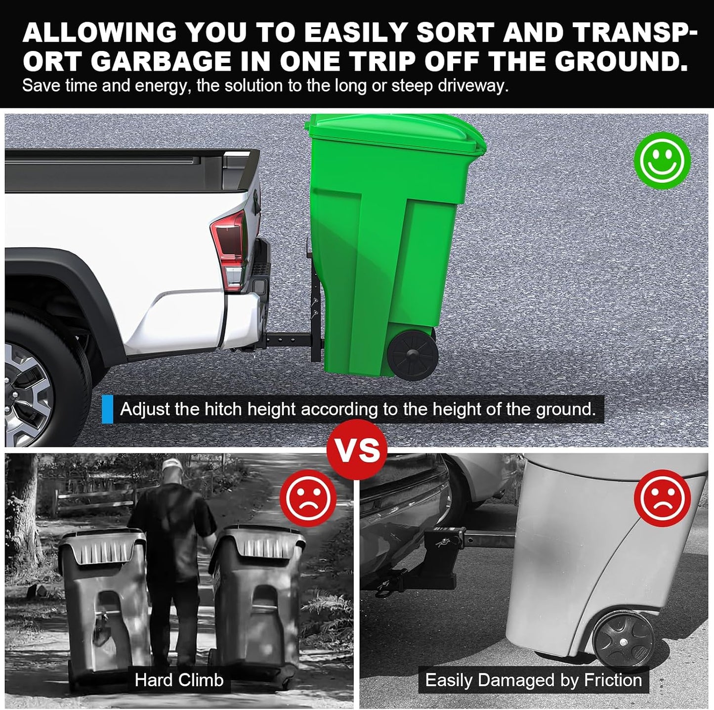 Newly Upgraded Adjustable Trash Can Hauler Hitch for 2" Receiver, Black Garbage Can Hauler Hitch for Car, Truck, SUV, UTV, ATV, Tractor, Trailer & Golf Cart, Single Can Carrier Trash Bin Hauler Hitch