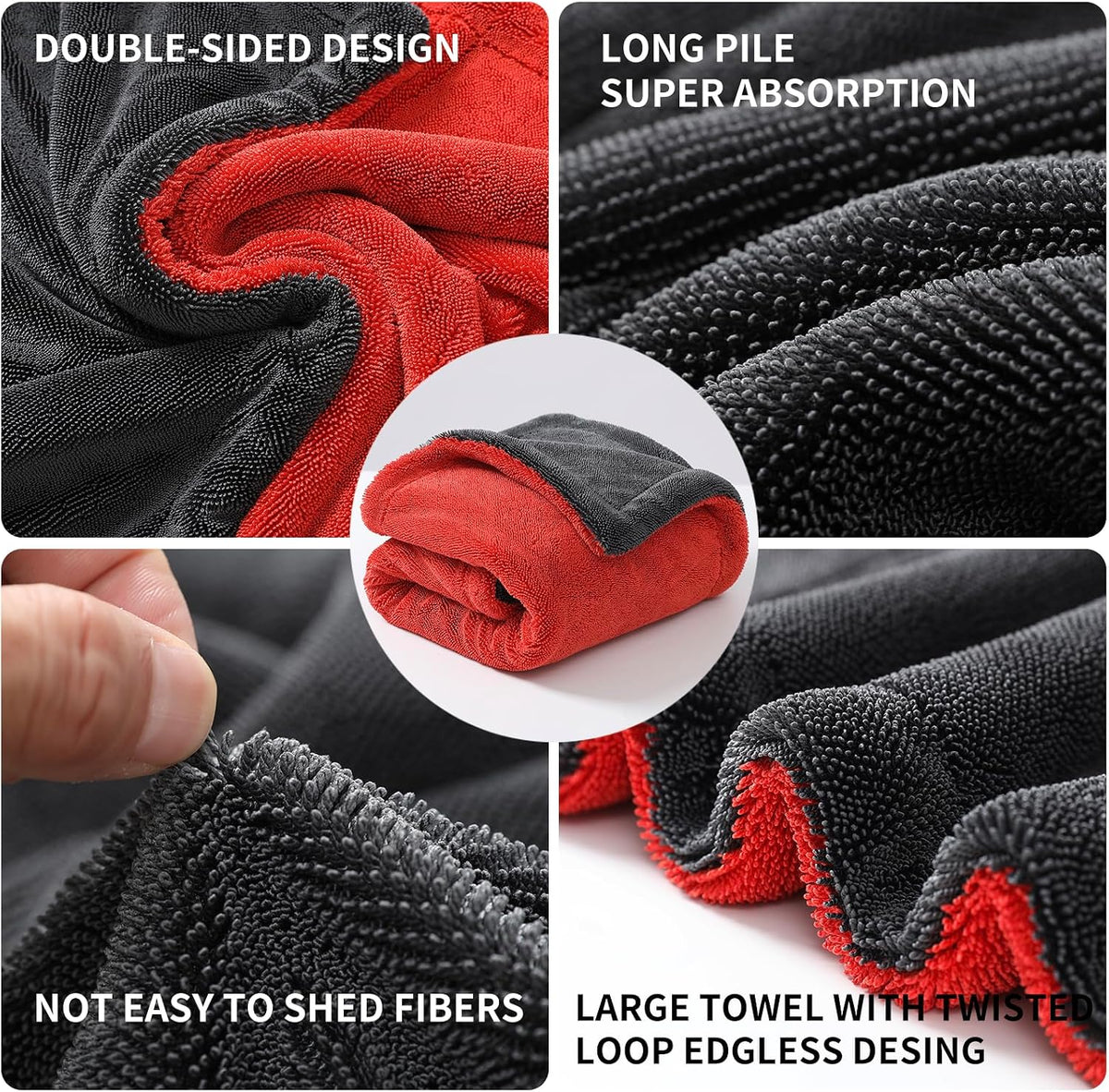 1400 GSM Car Drying Towel - 24x36 Inch Microfiber Twist Loop Towel for Cars, Ultra Absorbent Auto Detailing Towel, Scratch Free Streak Free, Red & Grey, 1 Pack
