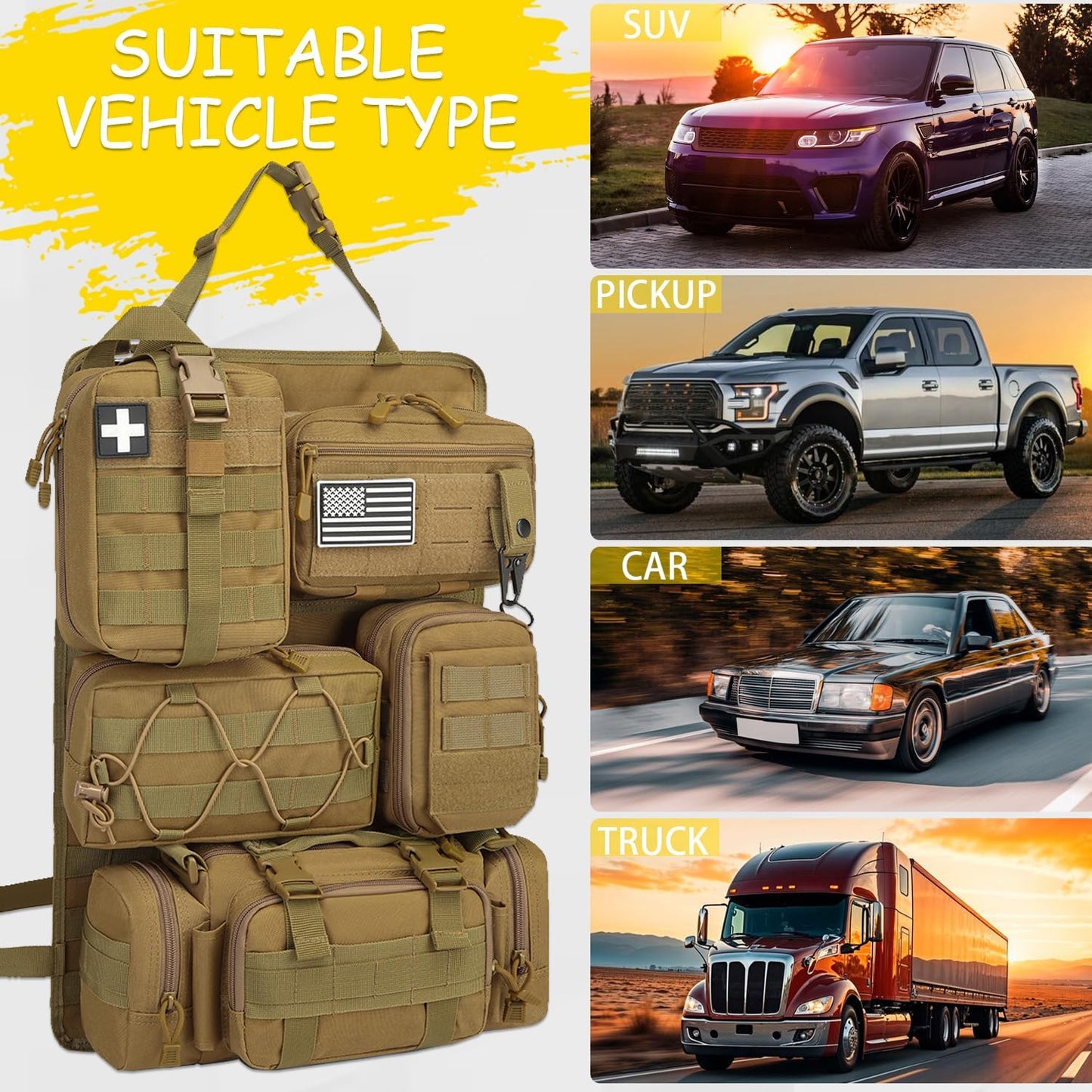 Tactical Car Seat Back Organizer, 2025 Upgrade Tactical Vehicle Panel Organizer with 5 Detachable Molle Pouch for Car Truck Ford Jeep Vehicle