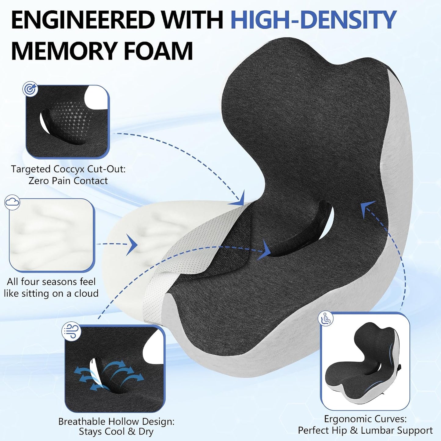 Truck Driver Seat Cushion Set - Memory Foam for Lower Back & Sciatica Pain Relief - Ergonomic Headrest Neck Pillow for Semi Truck & Car Dark Gray