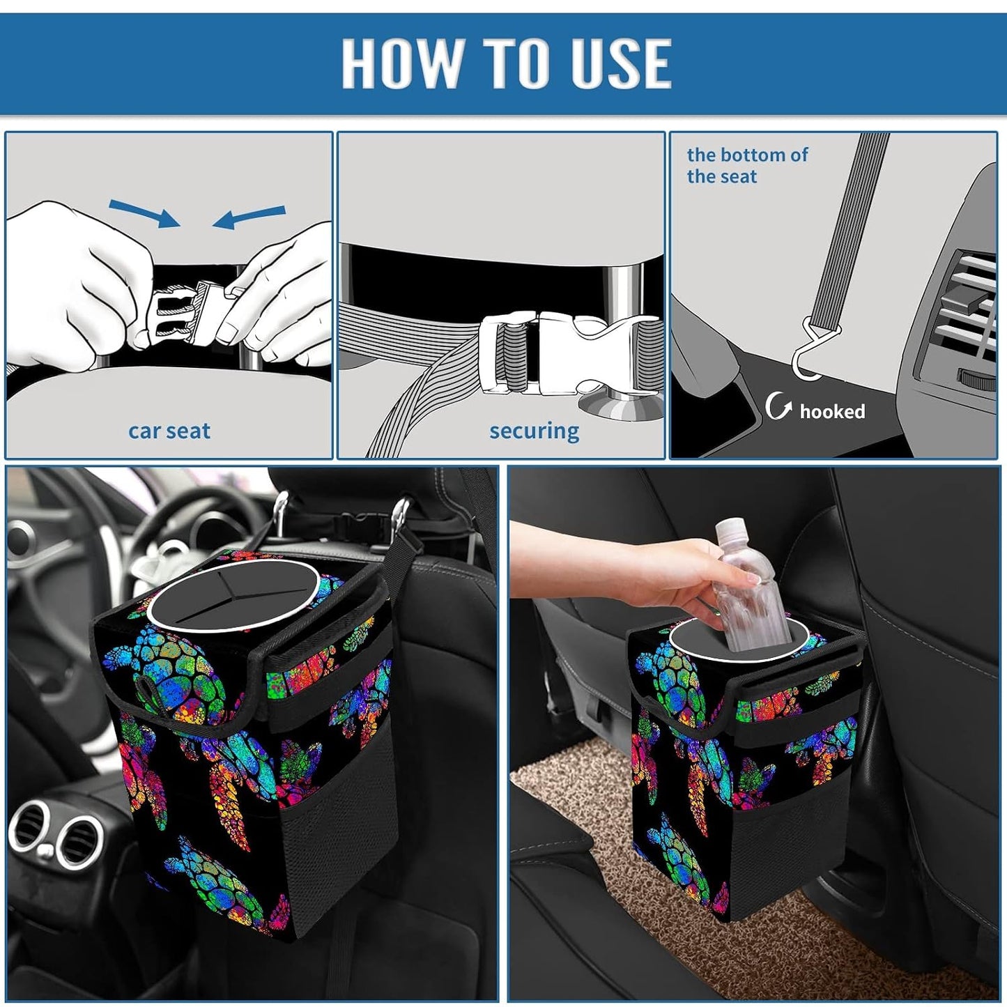 Colorful Sea Turtle Animal Car Trash Can with Lid Collapsible Reusable Waterproof Automotive Garbage Can,Car Organizer