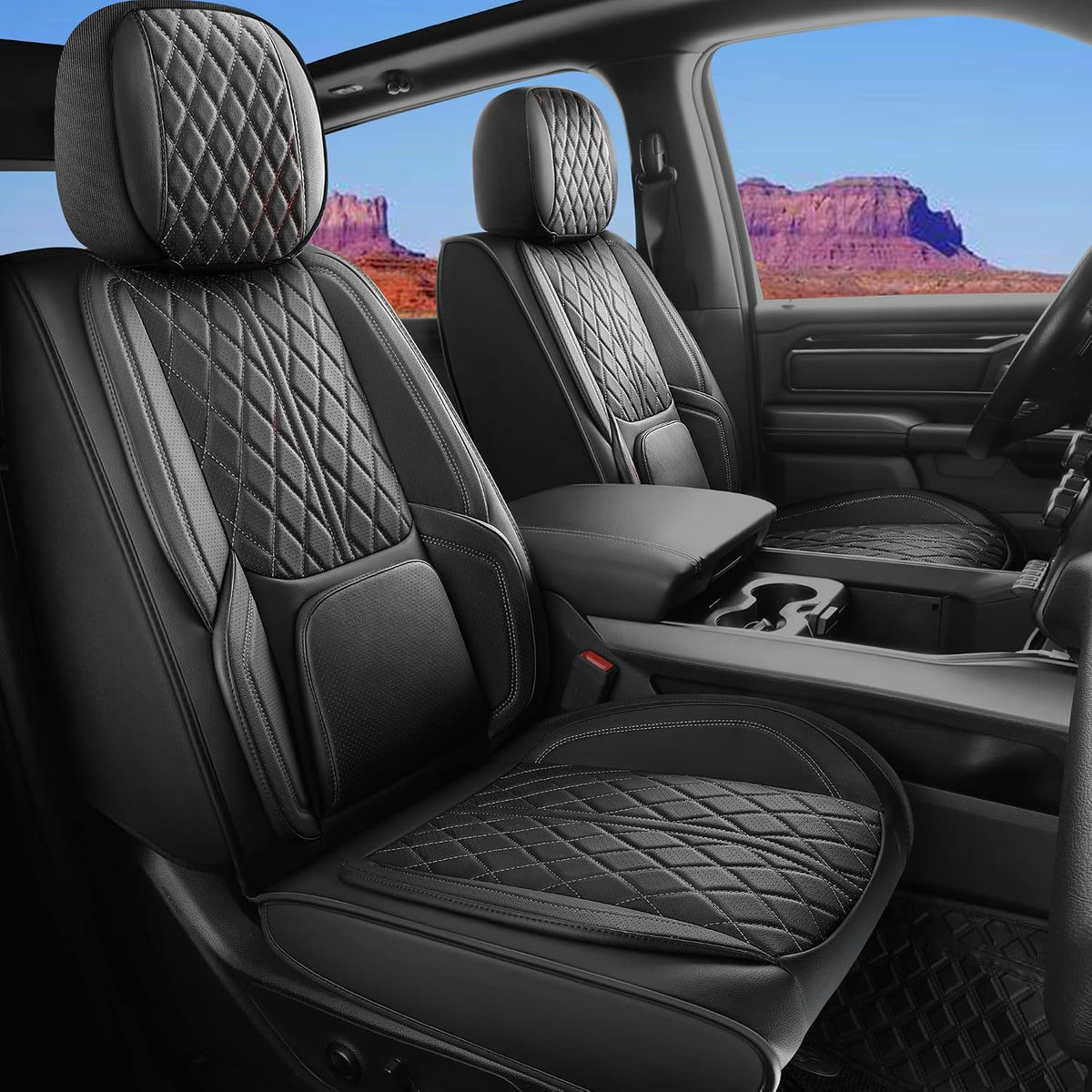 Car Seat Cover Custom Fit for Dodge Ram 1500 2500 3500 2002-2026 Faux Leather Seat Cover Set Compatible with Crew Quad Regular Cab Pickup Truck Cushions (Black, Front Seat)