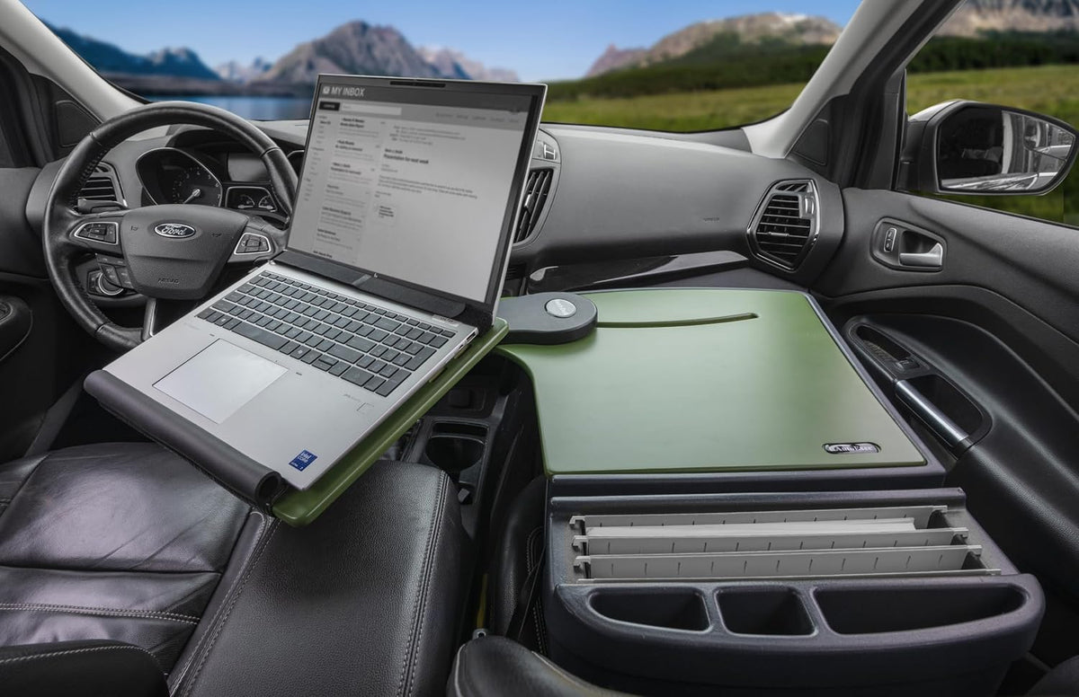 AutoExec Reach Car Desk for Your Vehicle Workstation and Mobile Office, Front Seat Army Green with 400 watt Power Inverter