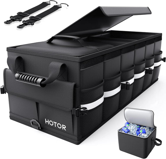 HOTOR Car Trunk Organizer - Trunk Organizer for SUV with Removable Cooler Bag, Foldable Cover, 3 Compartment Car Storage Essential Car Accessories for Truck, Van & Sedan, Black, 33.1" x 12.6" x 11.0"