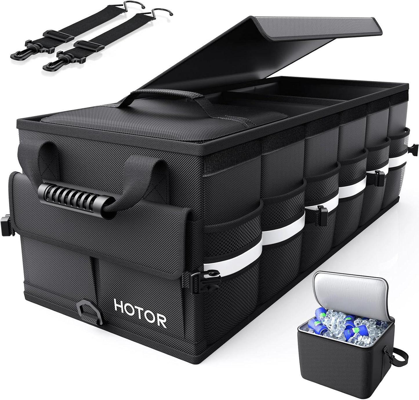 HOTOR Car Trunk Organizer - Trunk Organizer for SUV with Removable Cooler Bag, Foldable Cover, 3 Compartment Car Storage Essential Car Accessories for Truck, Van & Sedan, Blue, 33.1" x 12.6" x 11.0"