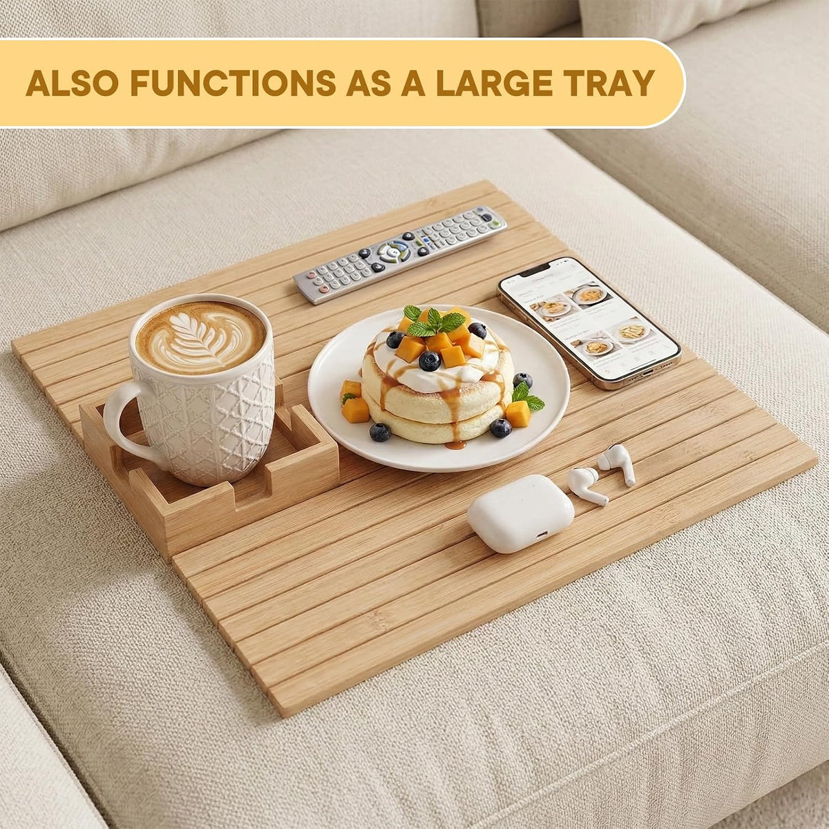 Bamboo Couch Cup Holder & Armrest Tray - Extend Your Comfort with a Secure Drink Slot and Snack Space for Recliner, Loveseat, or Sofa (Extra Large)