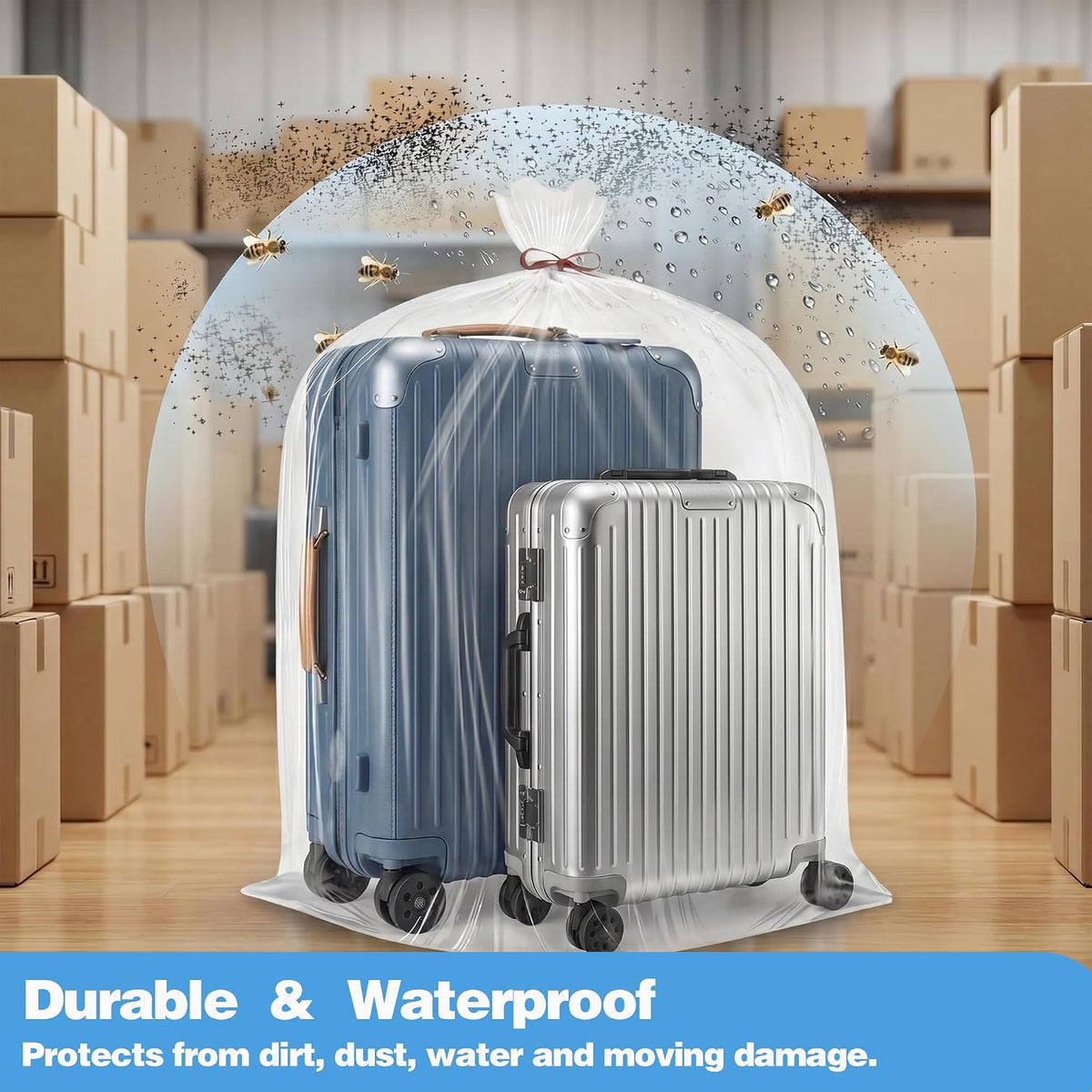 5 Pcs Extra Large Clear Plastic Bags, 40" x 60" Jumbo Waterproof Storage Bags with 5 Jute Ribbons for Car Seat, Stroller, Furniture & Luggage, Moving (2.36 Mil Heavy Duty)