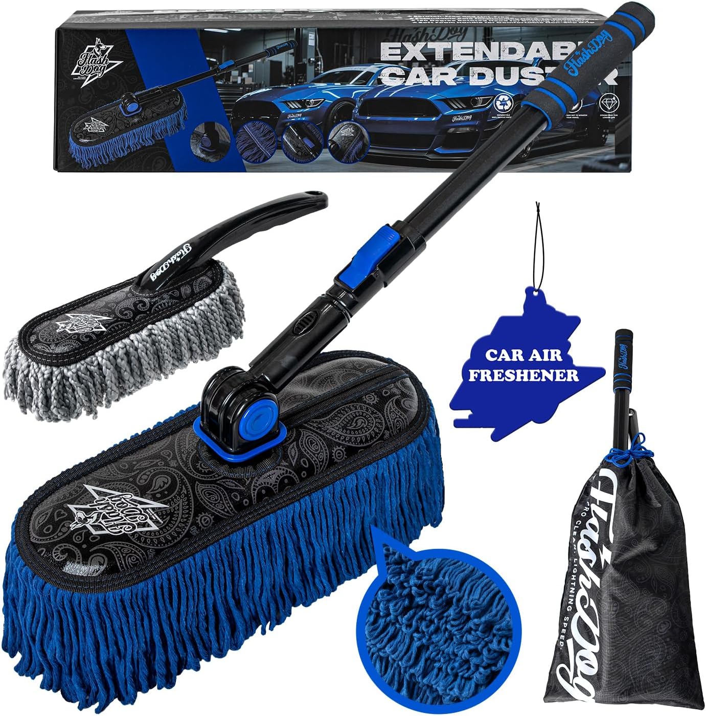 Flash Dog Car Duster Exterior with Car Duster Interior | Wax Cotton Hair Scratch Free Cleaning for Cars, SUVs, Trucks | Waterless Dust Remover &amp; Detailing Brushes Set with Storage