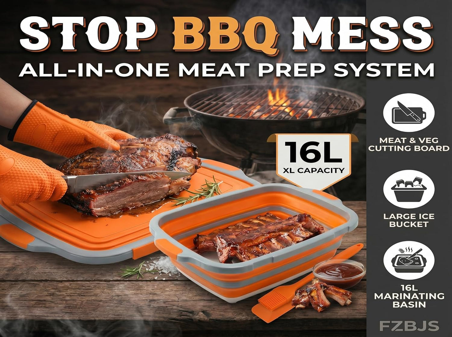 Collapsible BBQ Prep Tub with Lid & Cutting Board 16L - XL Meat Marinating Basin & Grill Carry System - 5pc Set with Heat Resistant Gloves, Basting Brush & Spatula(Orange, Large, 16L)