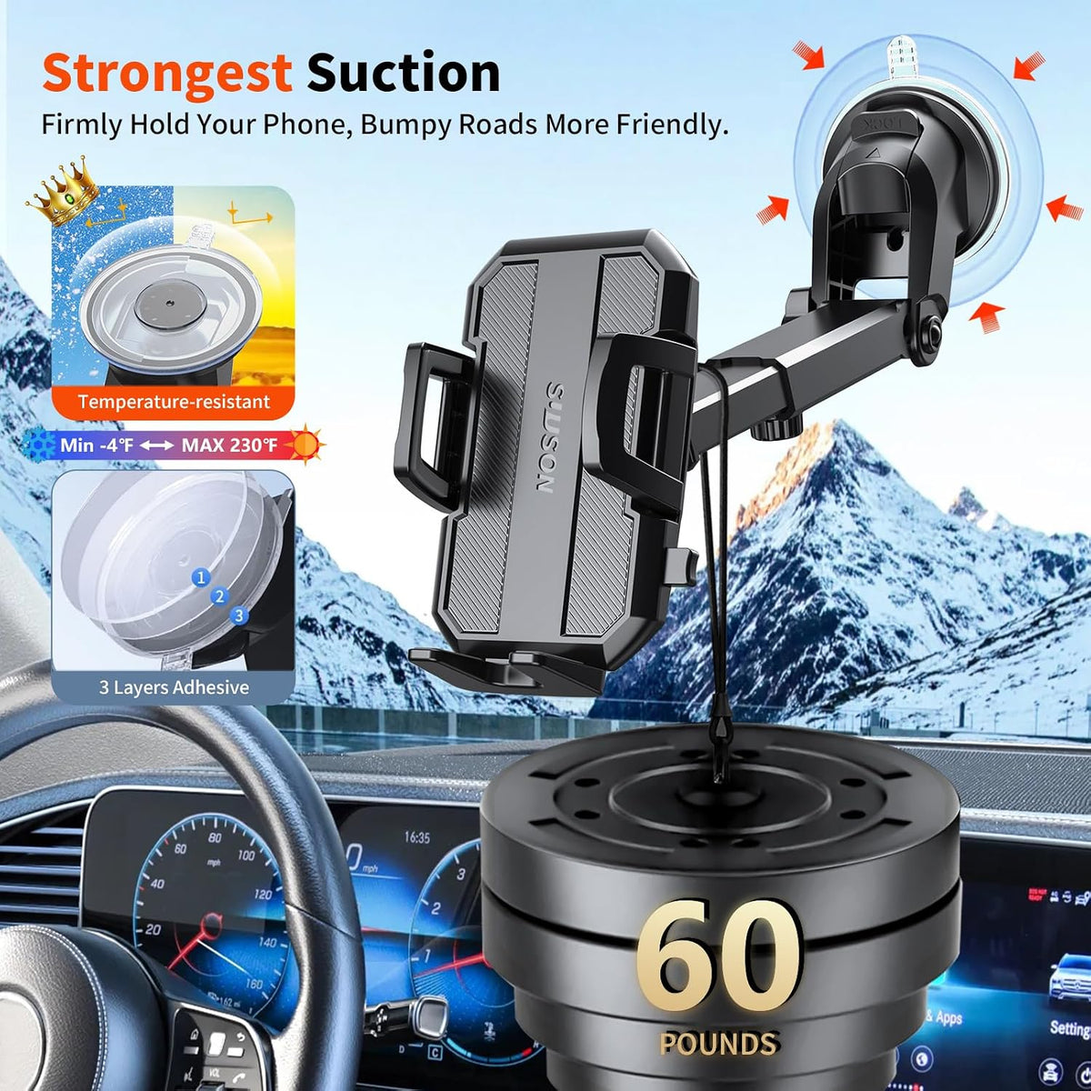 SUUSON Upgraded 3-in-1 Car Phone Holder Mount for Car, Black