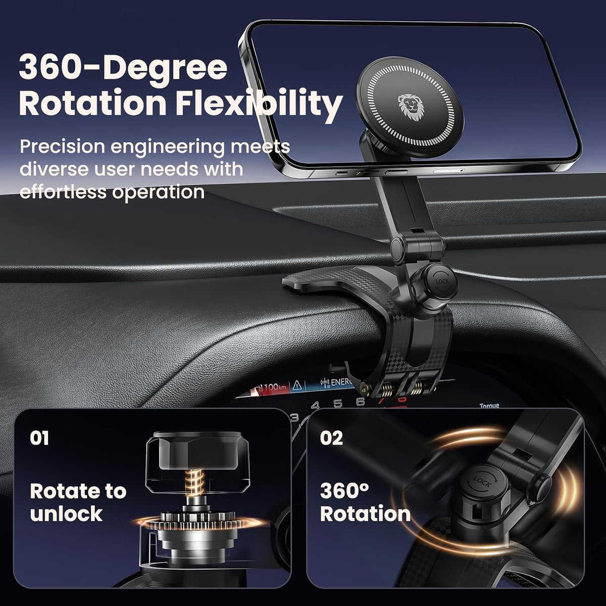 JunDa Universal 360-Degree Rotating Car Phone Holder, Multifunctional Dashboard Phone Mount with Clip for All Smartphones, Secure Flexible Grip for Car Dash & Rearview Mirror