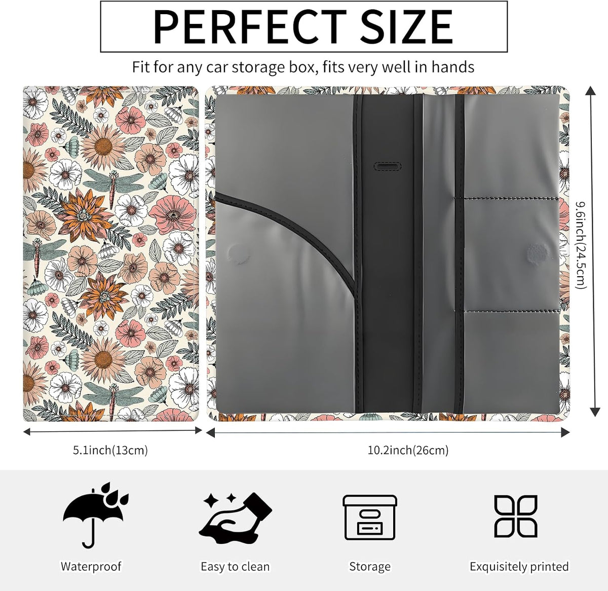 Premium Car Registration and Insurance Card Holder, Cute PU Leather Car Document Holder, Vehicle Glove Box Car Organizer with Magnetic Closure for Driver License, Cards Boho Flowers
