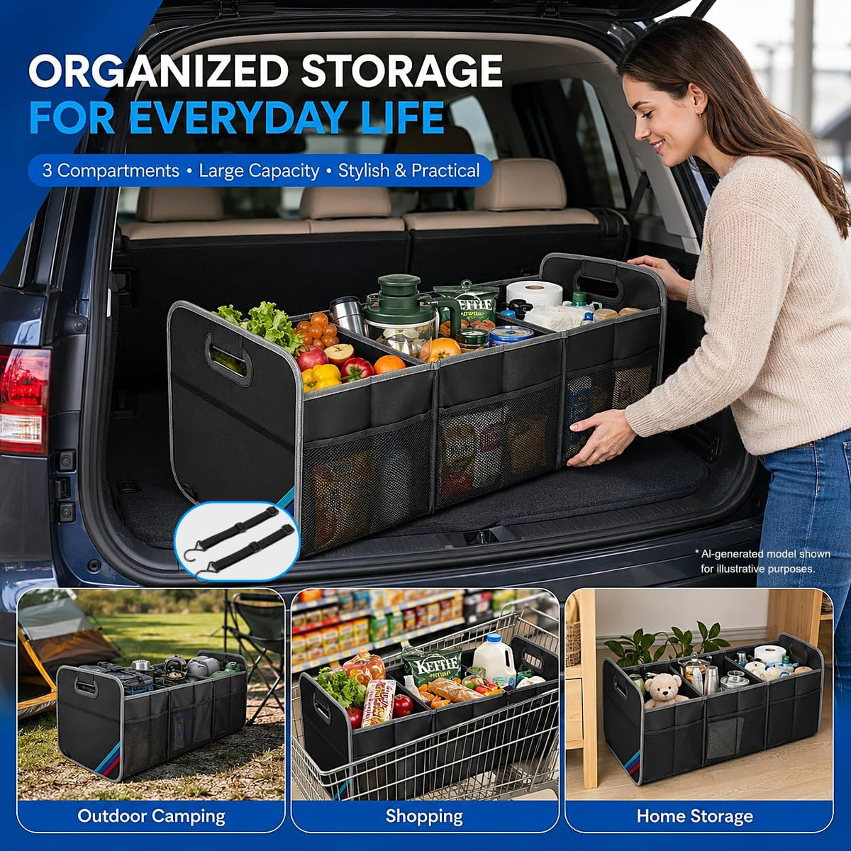 XL Car Trunk Organizer, 4 Compartments, 94L Capacity, Oxford Polyester 600D Material, Easy Fold and Store, Prevents Sliding
