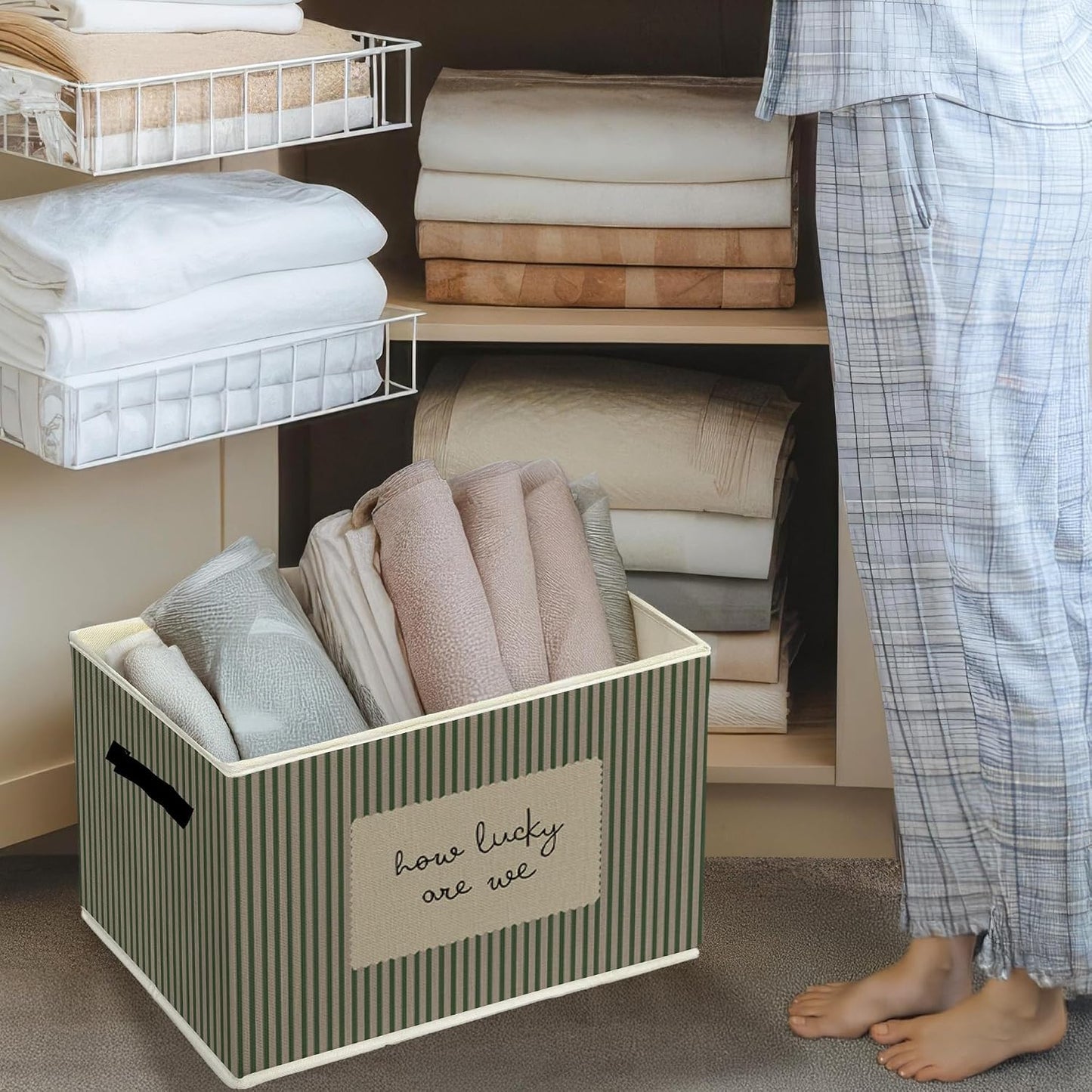 Inspirational Storage Bins & Boxes with Handles, How Lucky Are We Foldable Basket for Organizing, Green Striped Motivational Collapsible Storage Basket for Bedroom Bathroom Clothes Toys Books