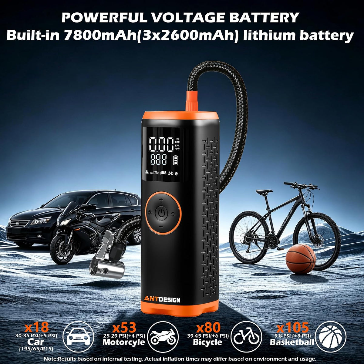 Tire Inflator Portable Air Compressor with Digital Pressure Gauge–150PSI Dual Power (7800mAh Rechargeable Battery&12V DC Car Plug),Cordless Air Pump for Car Tires,SUV,Motorcycle,Bicycle,Ball