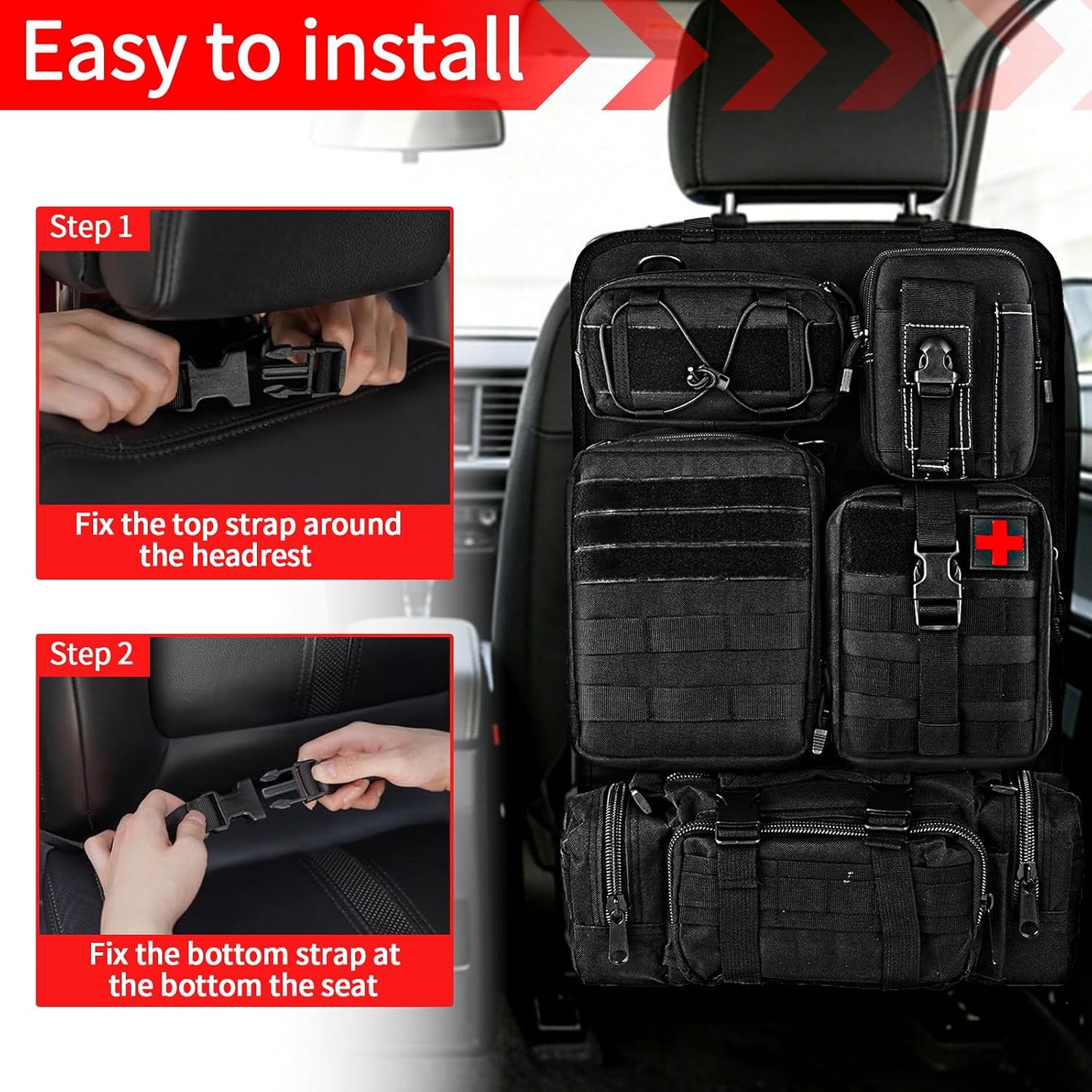 Tactical Car Seat Back Organizer with 5 Detachable Molle Pouches, 600D PU Waterproof Vehicle Seat Back Storage Bag, Universal Fit for Car, SUV, Truck, Pickup, Truck (Black)