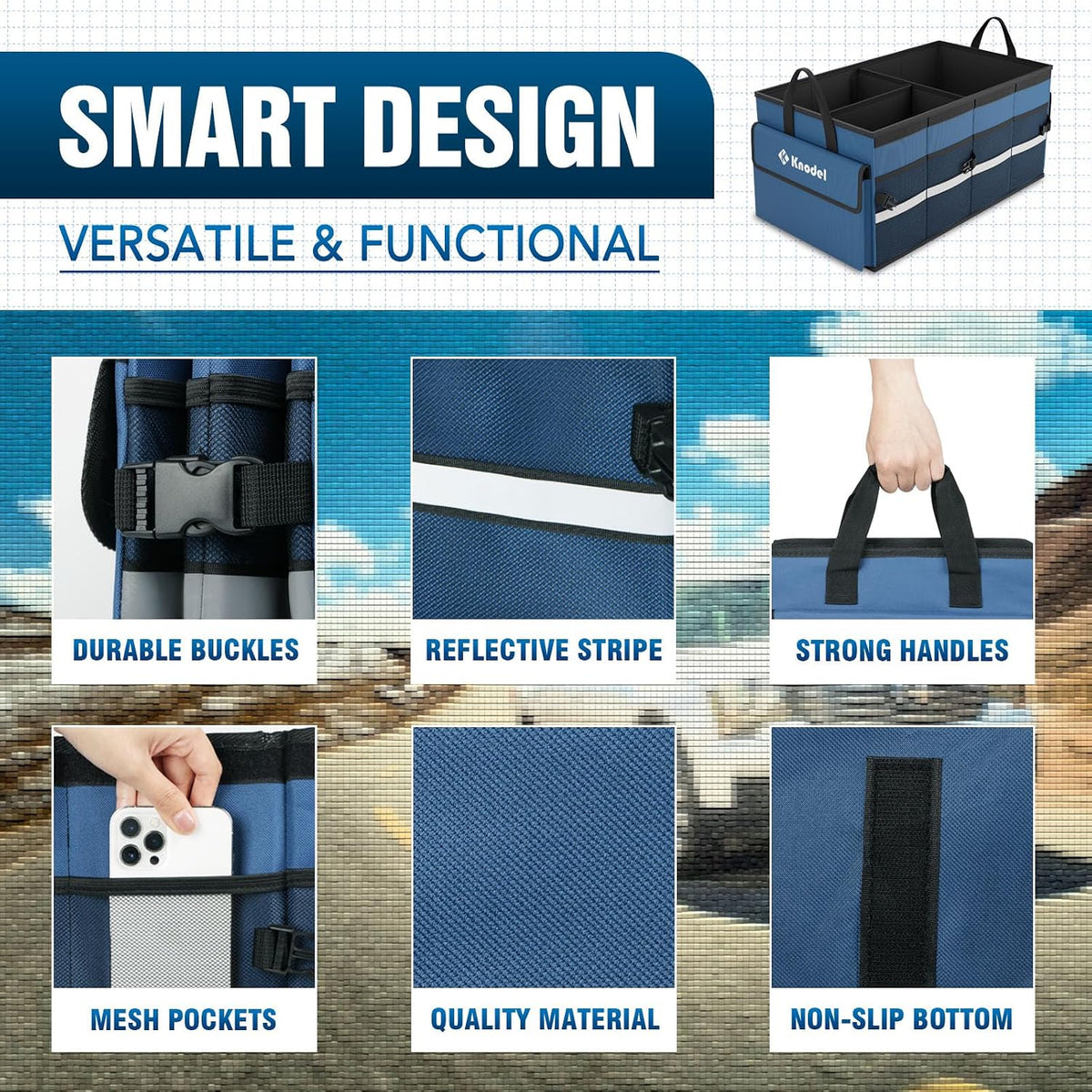 K KNODEL Trunk Organizer with Lid for Car, SUV, and Truck (Medium, Blue) | Collapsible Car Storage Organizer, Car Organizers and Storage for Sedan, Cargo Organizer, Car Bin, Basket,Bag, Organization