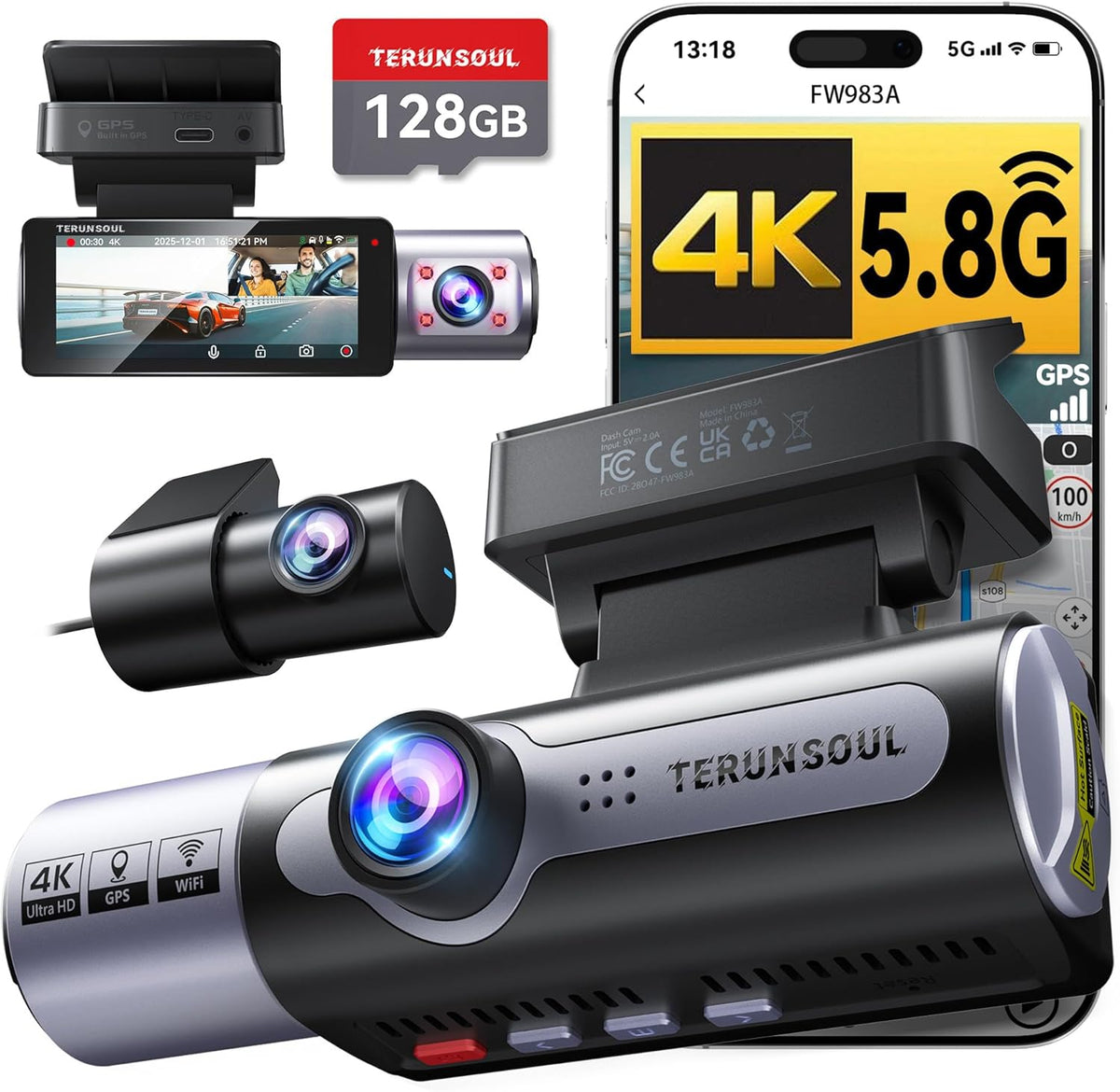 4K Dash Cam Front and Rear, Full HD 3 Channel Dashcam, Free 128GB Card