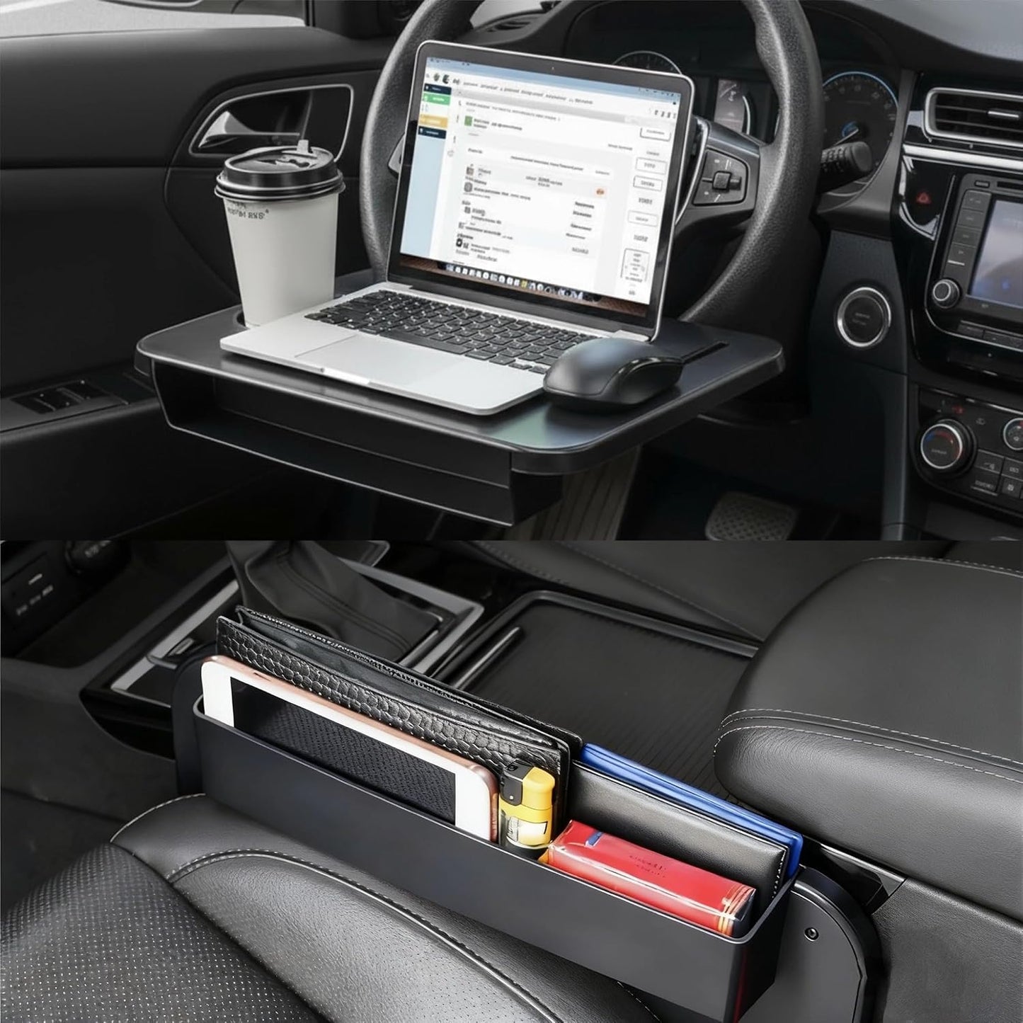 2 In 1 Steering Wheel Desk, Universal Steering Wheel Tray Table With Seat Gap Filler Organizer in Between Seat Organizer Car Food Tray For Laptop, Eating, Writing Work Road Trip