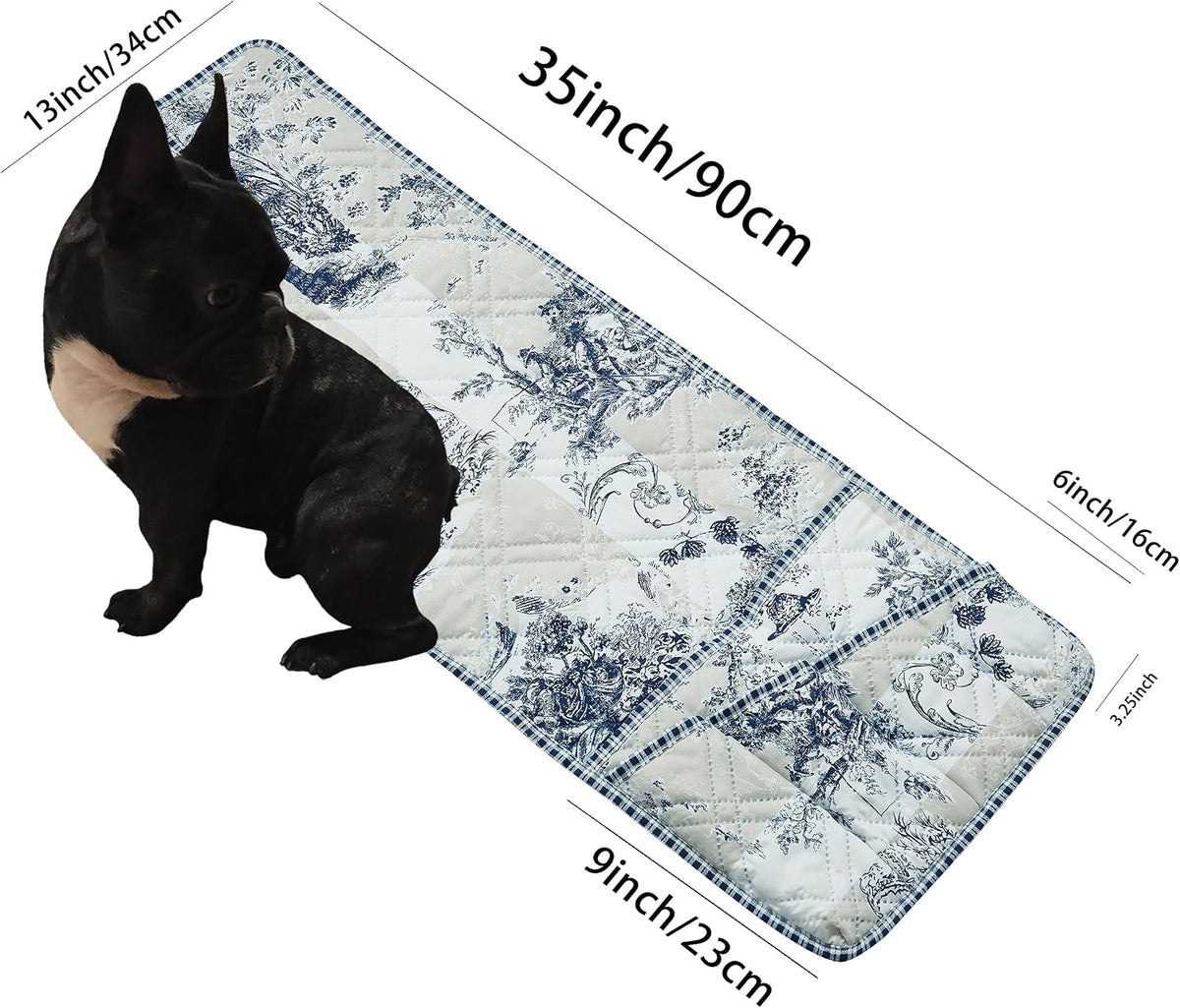 Brilliant Sunshine Blue & Beige Toile Couch Armrest Cover, 35"×13"