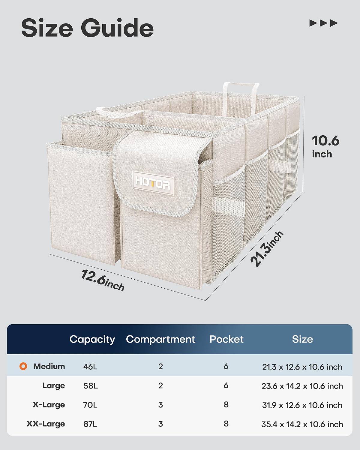 HOTOR Trunk Organizer for Car - Car Organizer, Foldable Trunk organizer for SUVs & Sedans, Sturdy Organization for Car Accessories, Tools, Sundries, Beige, 2 Compartments, 21.3"×12.6"×10.6"