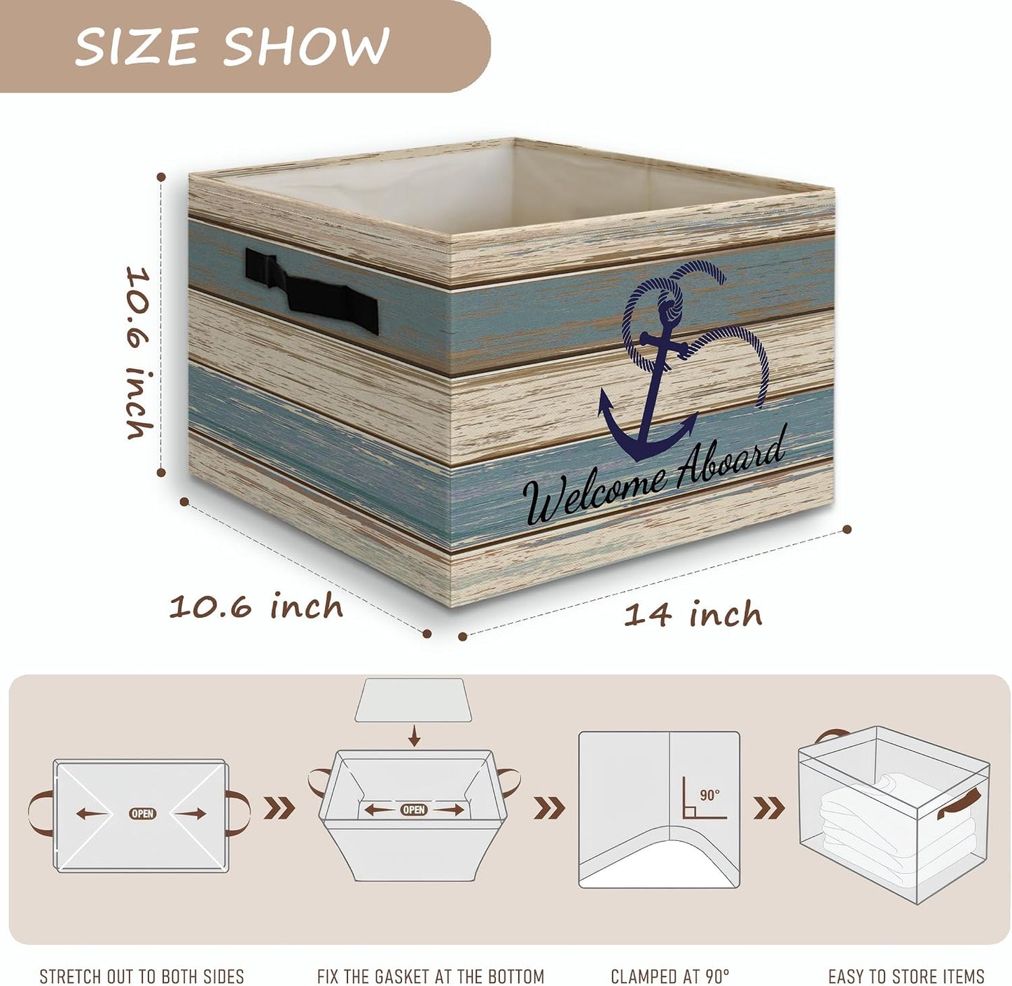 Vintage Nautical Anchor Foldable Storage Bins Box with Handles, Welcome Aboard Ocean Collapsible Organizer Basket for Home Bedroom Bathroom Clothes Toys Books