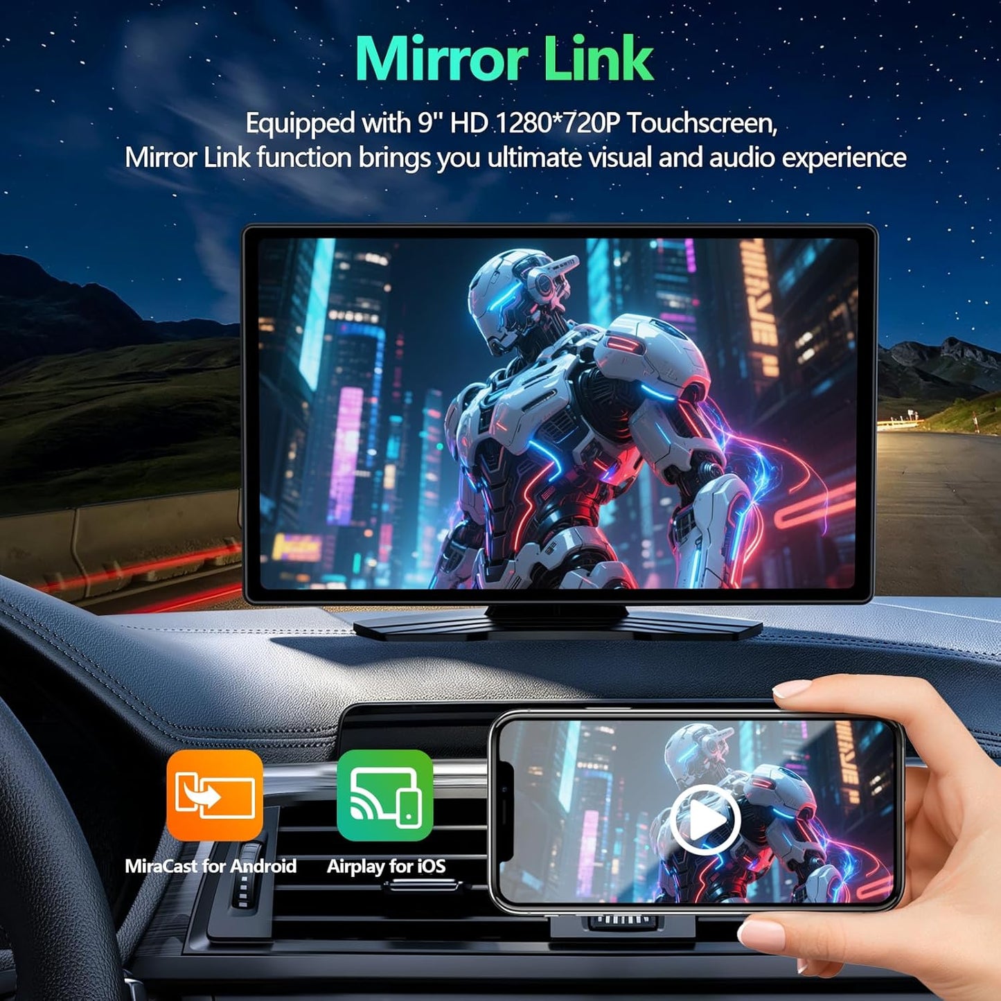 9" Carplay Screen for Car, Portable Wireless Car Play Screen for Apple CarPlay & Android Auto, OTA Updates, Backup Camera, Mirror Link, Voice Control, GPS Navigation, Bluetooth 5.0, FM/AUX
