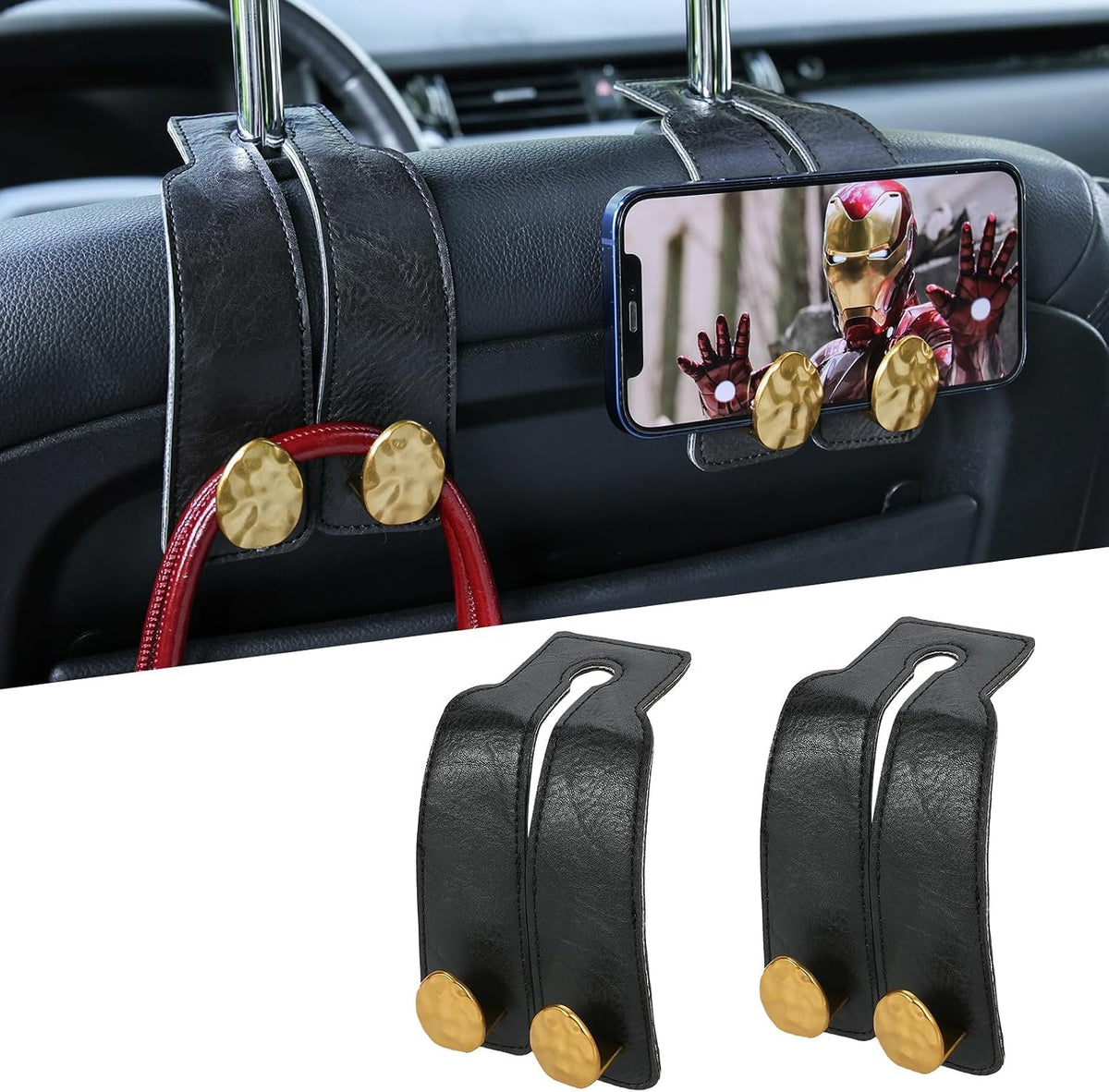 Leather Car Purse Hook for Headrest, 2 Pack, Black-Gold