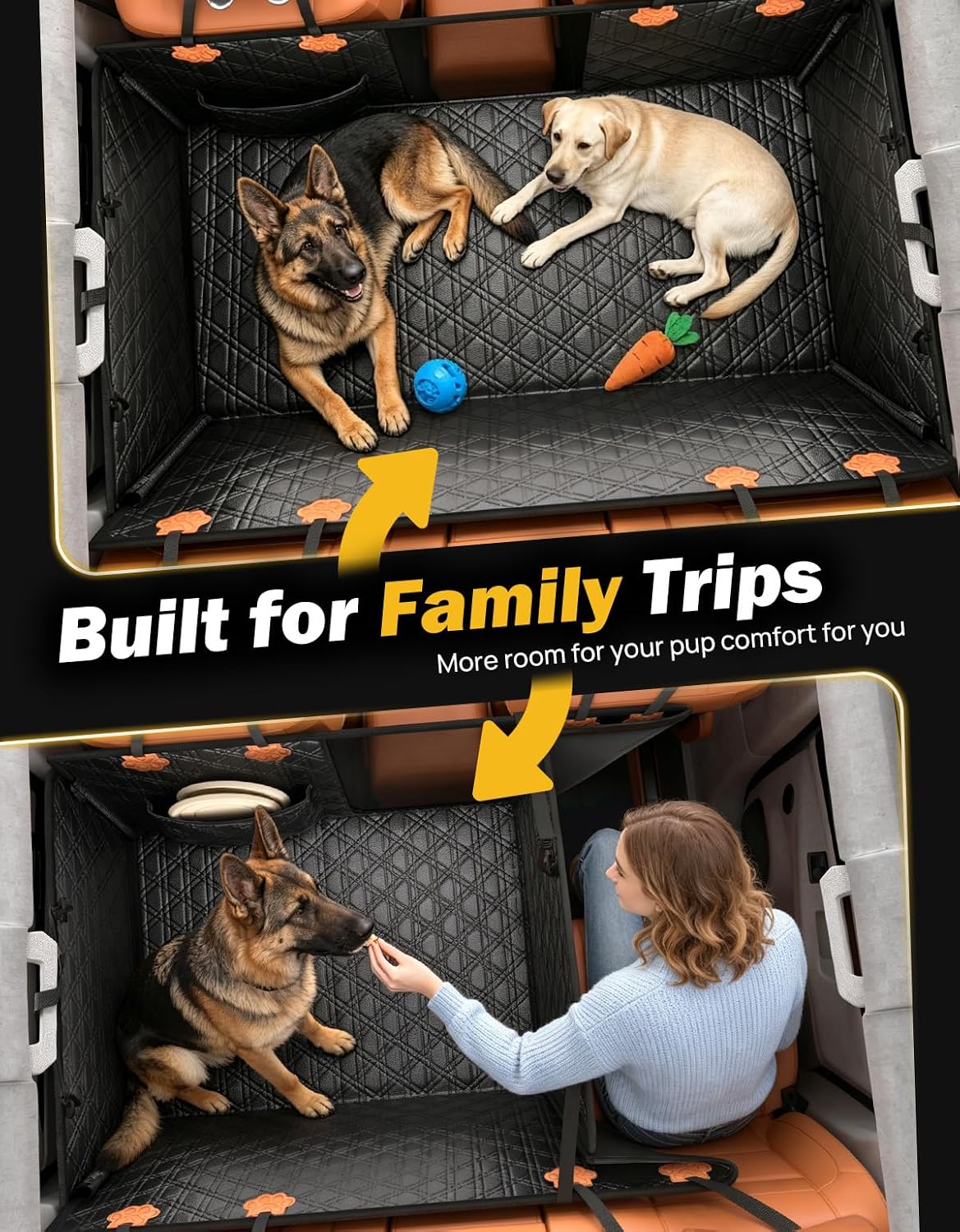JOYTUTUS Back Seat Extender for Dogs, PU Leather Dog Car Seat Cover for Back Seat with Hard Bottom, Dog Hammock with Mesh Window, Dog Car Seat Cover for Sedans SUVs Small Trucks, Holds 440 lbs