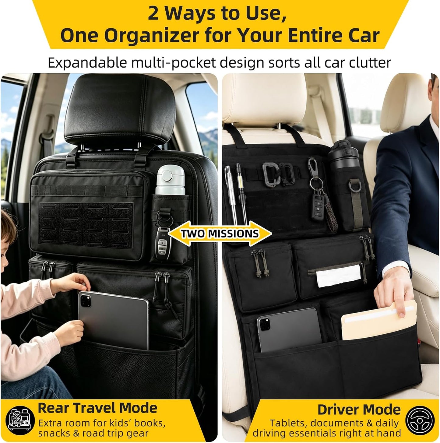 Tactical Seat Back Organizer With MOLLE Panel, Heavy Duty Car Back Seat Storage With Multiple Pockets And Hook And Loop Panel, For EDC Gear, Fits SUV Truck Jeep