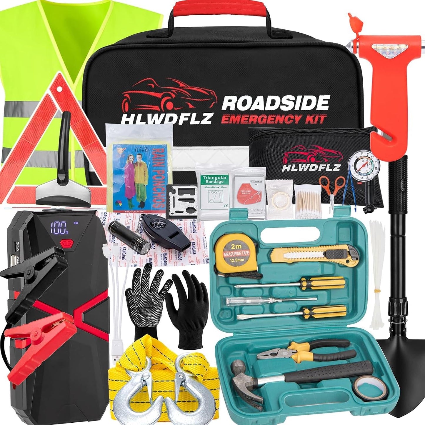Car Emergency Kit with 2000A Car Battery Jump Starter- Car Roadside Emergency Kit, First Aid Kit, Tow Rope, Emergency Car Kit, Roadside Safety Tool Kit for Women, Men