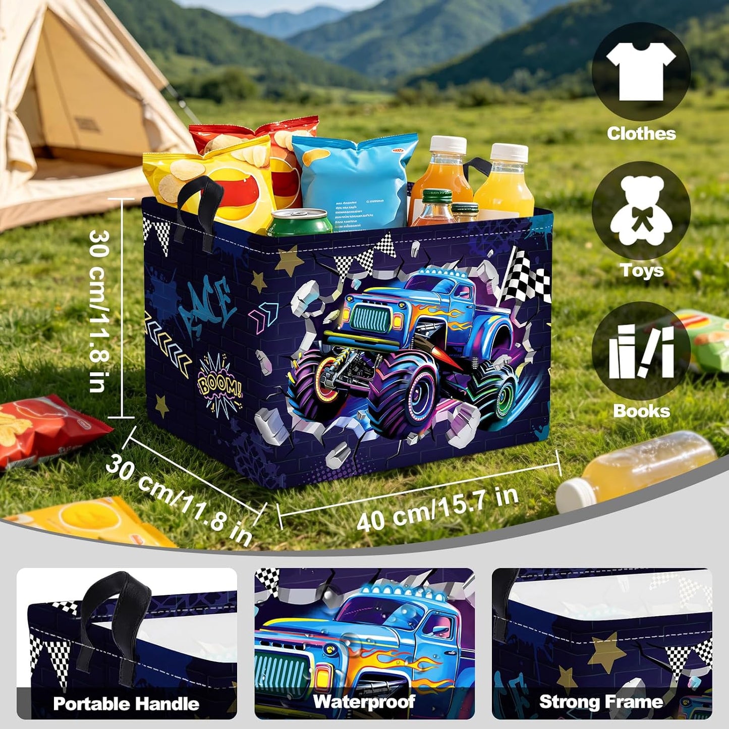 Clastyle Sport 3D Racing Car Boy Room Basket Racing Flag Monster Truck Toy Book Shelf Basket Large Rectangle Collapsible Dirty Clothes Storage Bin,Monster,40 * 30 * 30 cm