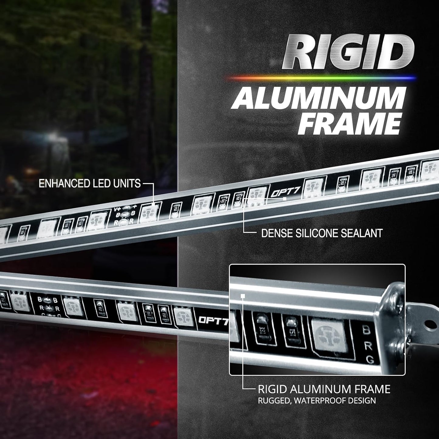 OPT7 Aura Pro RGB Aluminum RV Underglow Lights with App & Remote Control | Multicolor Music Sync Lighting, Exterior Accent Kit for Motorhome, Outdoor Camper Accessories, 12V Waterproof Rigid LED Bar