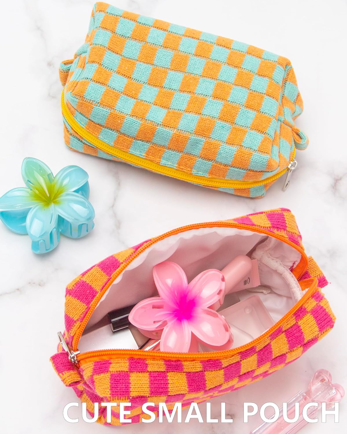 Checkered Makeup Bag for Purse, Small Cosmetic Pouch,Red Orange,6 Pack