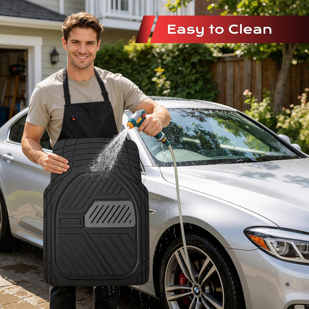 Coverado Car Mats Full Set, Heavy Duty Rubber Floor Mats for Cars, Deep Dish Design All Weather Waterproof Car Floor Mats, Universal Trim-to-Fit Car Mats for Most Cars Trucks SUV, Black&Gray