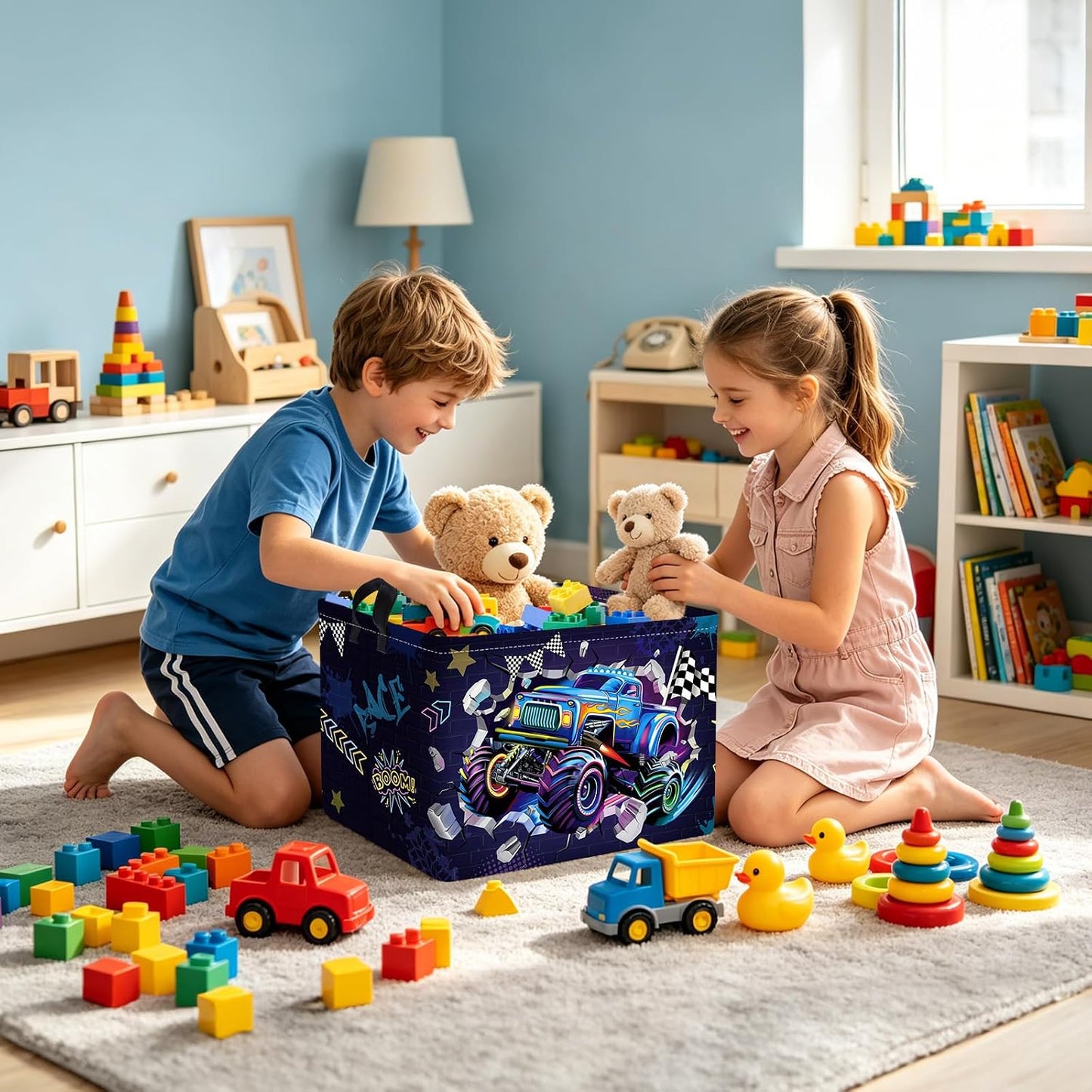 Clastyle Sport 3D Racing Car Boy Room Basket Racing Flag Monster Truck Toy Book Shelf Basket Large Rectangle Collapsible Dirty Clothes Storage Bin,Monster,40 * 30 * 30 cm