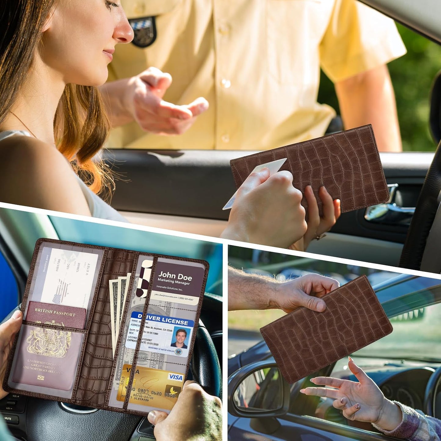 Car Registration and Insurance Holder, Brown Vehicle Glove Box Car Organizer with Magnetic Closure for Documents, Cards, License Car Organization, 1 Pack