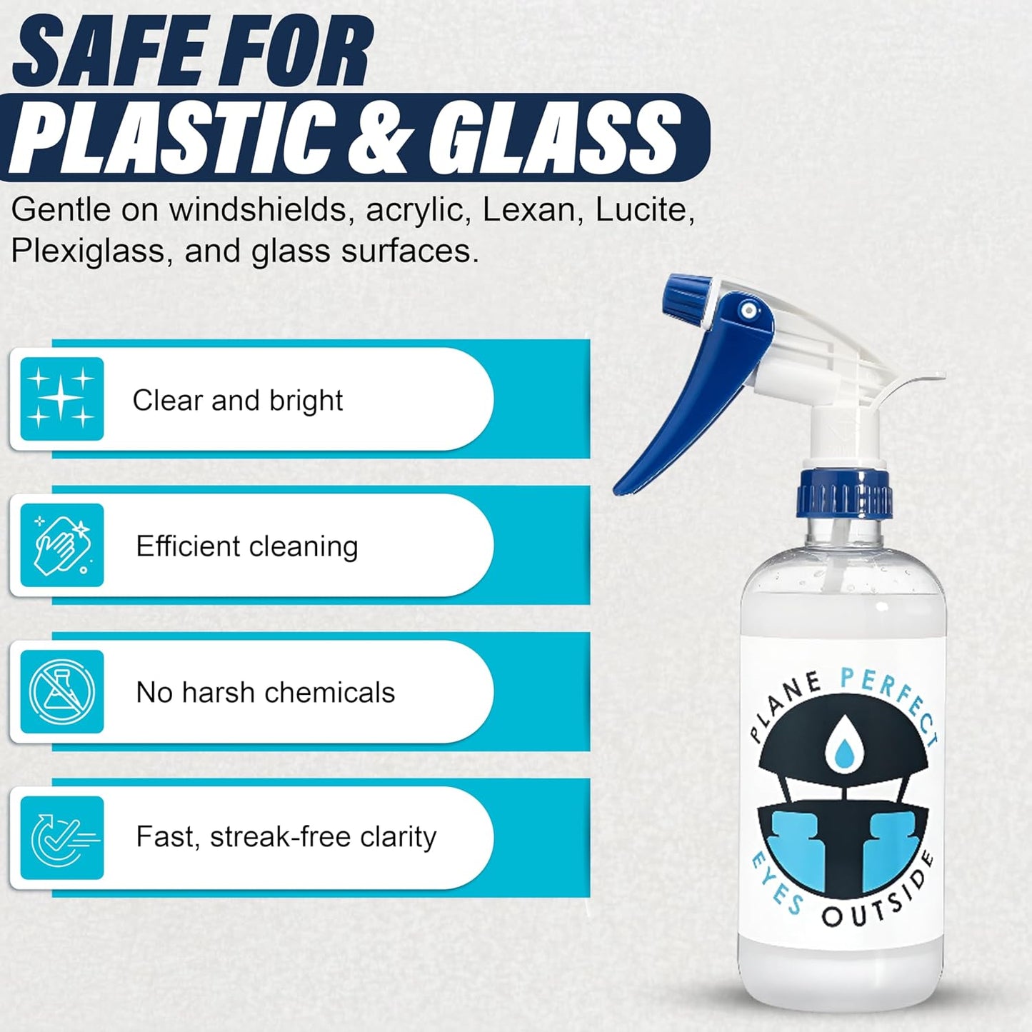 Plane Perfect Eyes Outside Windshield Cleaner - Aviation &amp; Multi Surface Glass, Plastic, Plexiglass - Streak Free, Non Abrasive, Reduces Fog, UV Safe for Airplanes, Cars, Boats &amp; LCD Screens | 16 Oz