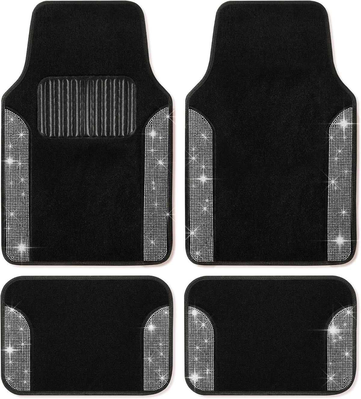 Carbella Diamond Bling Car Mats 4-Piece Set, Shiny Rhinestone Crystal Carpet Car Floor Mats, Two-Tone Floor Mats for Cars, Cute Automotive Interior Car Accessories for Women (White)