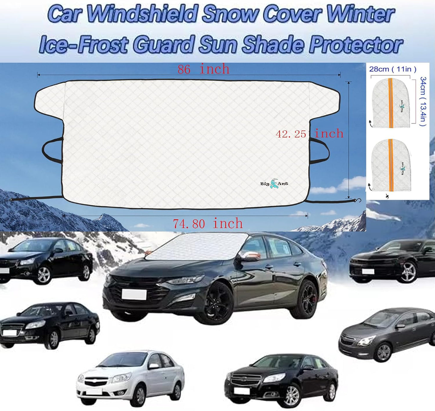 Big Ant Windshield Cover for Ice and Snow Sunshade- Universal Windshield Cover Fit for Car, SUV, Truck, Winter Frost Protector for Ice & Snow, Includes 2 Side Mirror Covers, XL White